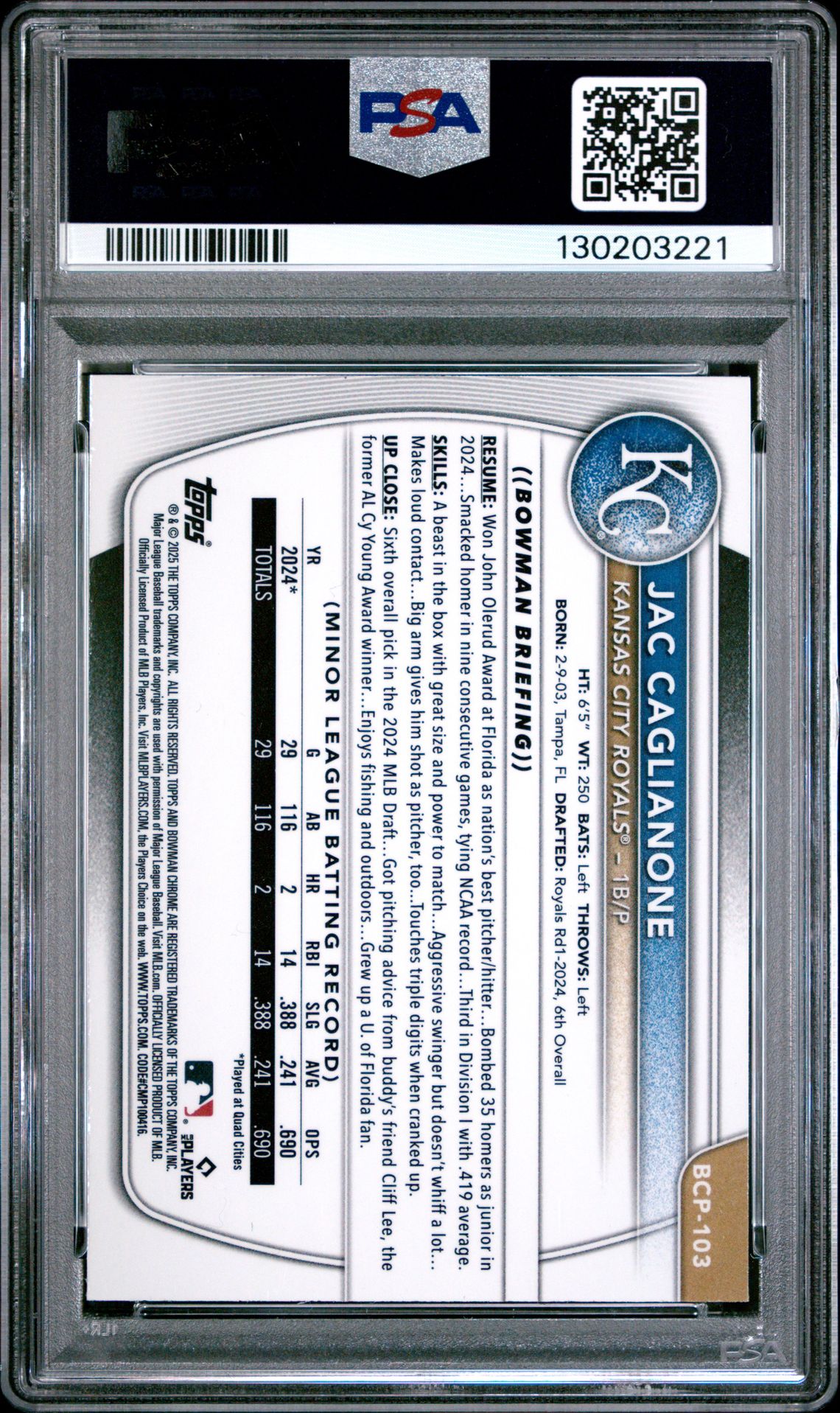 2025 Bowman Chrome Prospects Jac Caglianone #Bcp103 (Chrome Pros-Blue Geometric) Mint 9 back