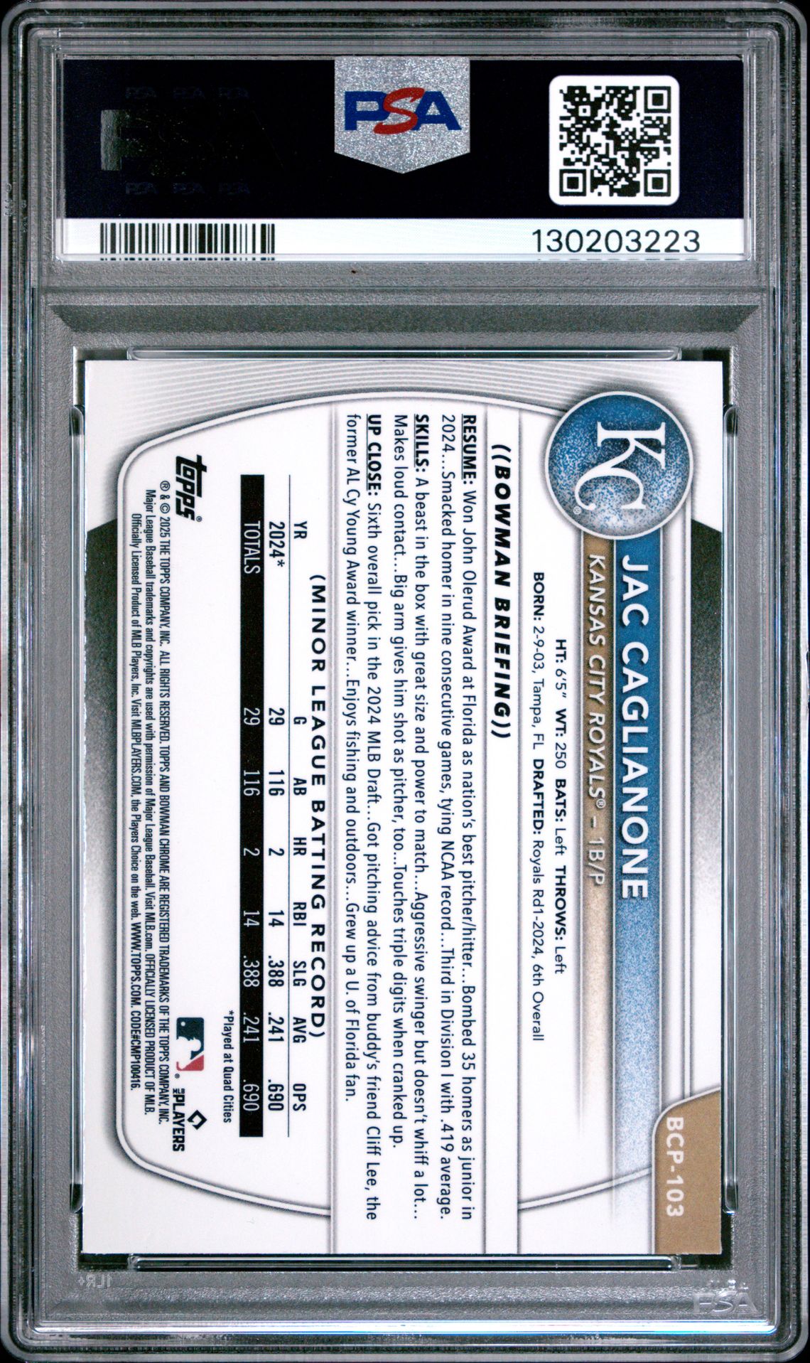 2025 Bowman Chrome Prospects Jac Caglianone #Bcp103 (Chrome Pros-Aqua Shimmer) Mint 9 back