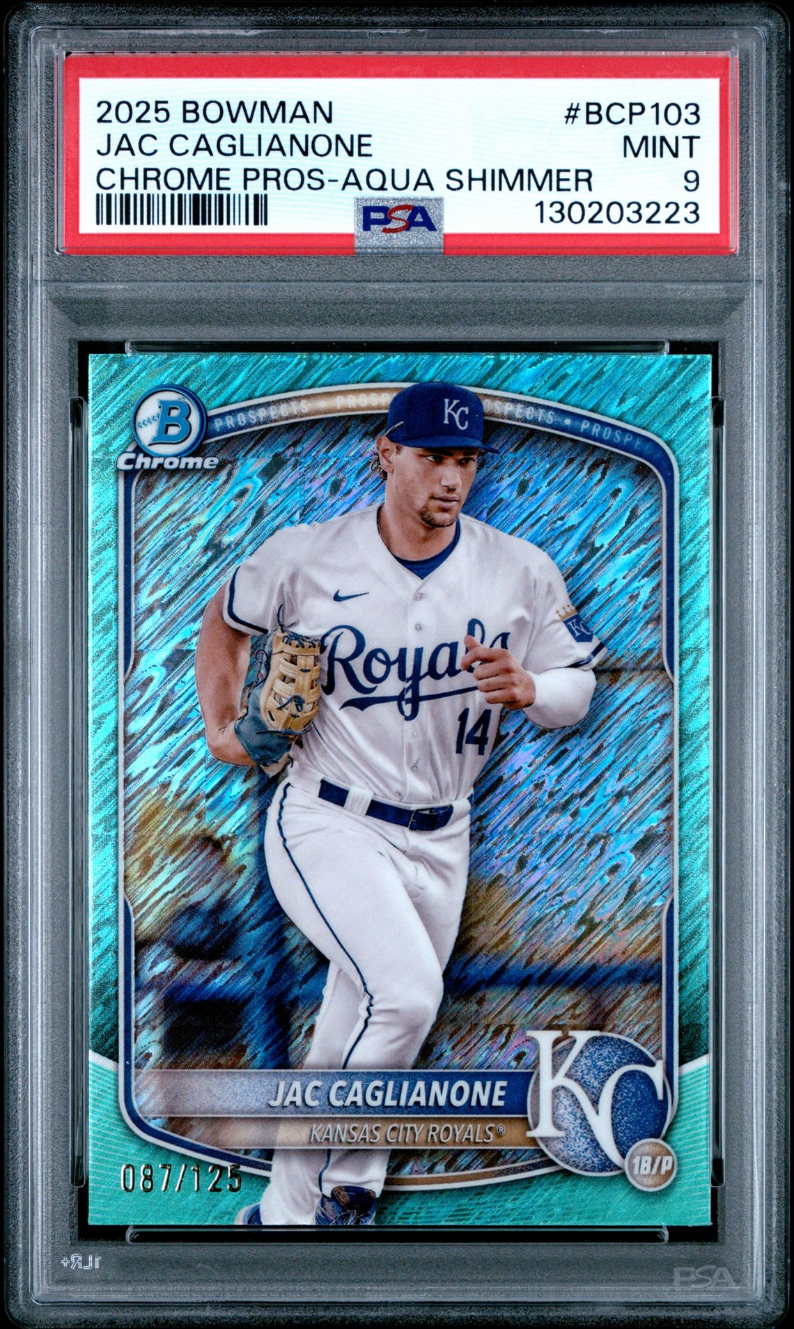 2025 Bowman Chrome Prospects Jac Caglianone #Bcp103 (Chrome Pros-Aqua Shimmer) Mint 9 front