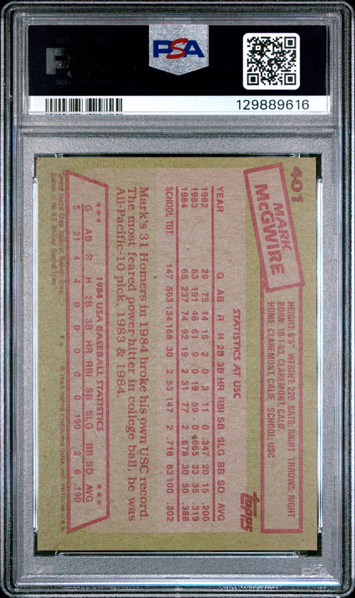 1985 Topps Mark Mcgwire #401 (1984 Usa Baseball Team) Ex-Mt 6 back