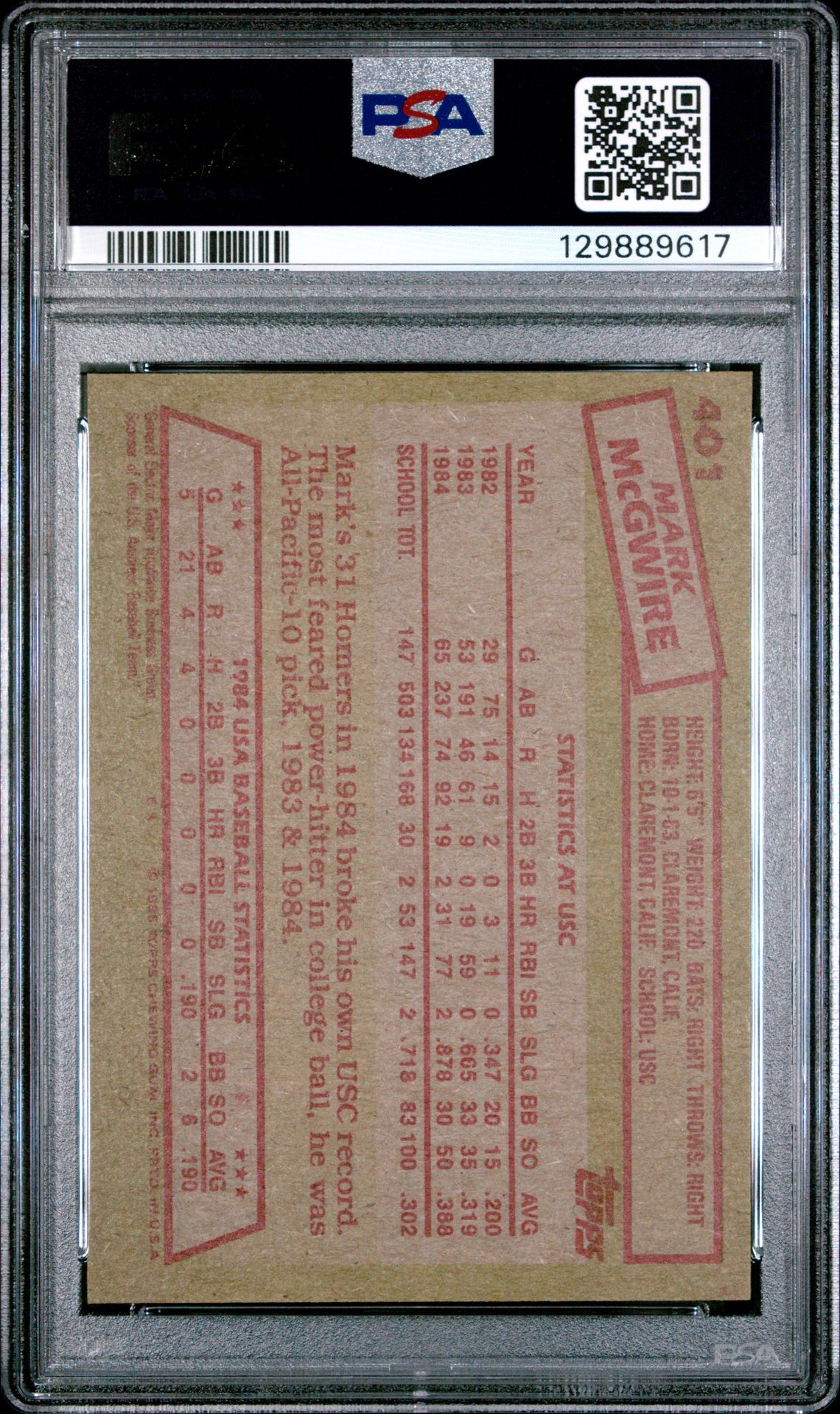 1985 Topps Mark Mcgwire #401 (1984 Usa Baseball Team) Nm-Mt 8 back