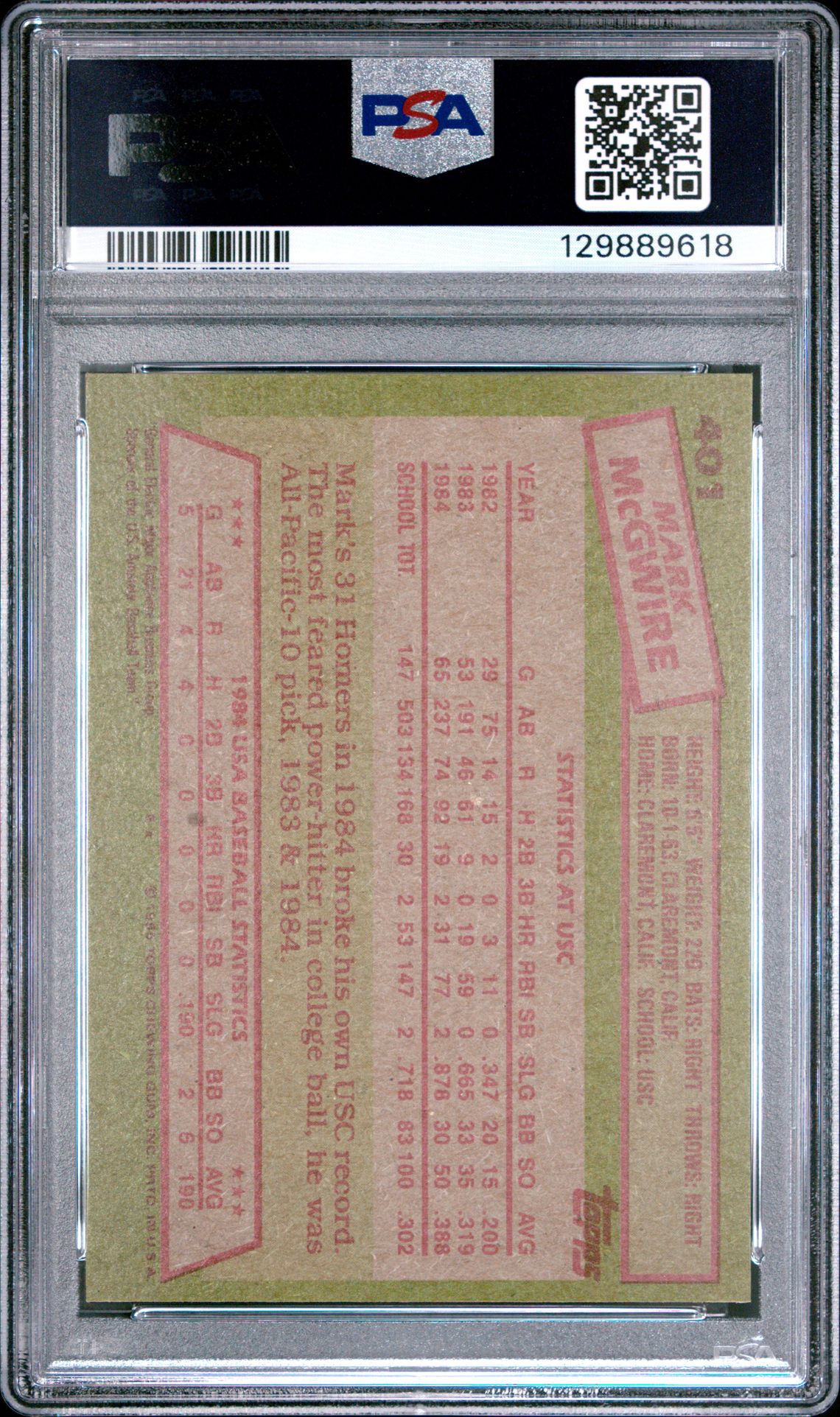 1985 Topps Mark Mcgwire #401 (1984 Usa Baseball Team) Nm 7 back