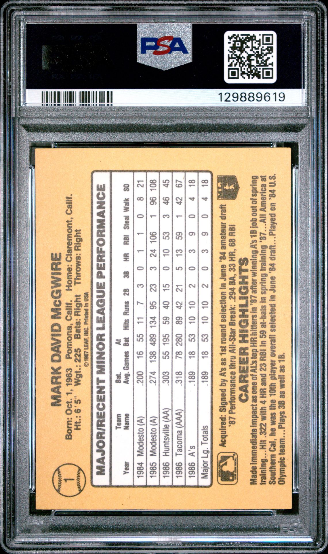 1987 Donruss Rookies Mark Mcgwire #1 Nm 7 back