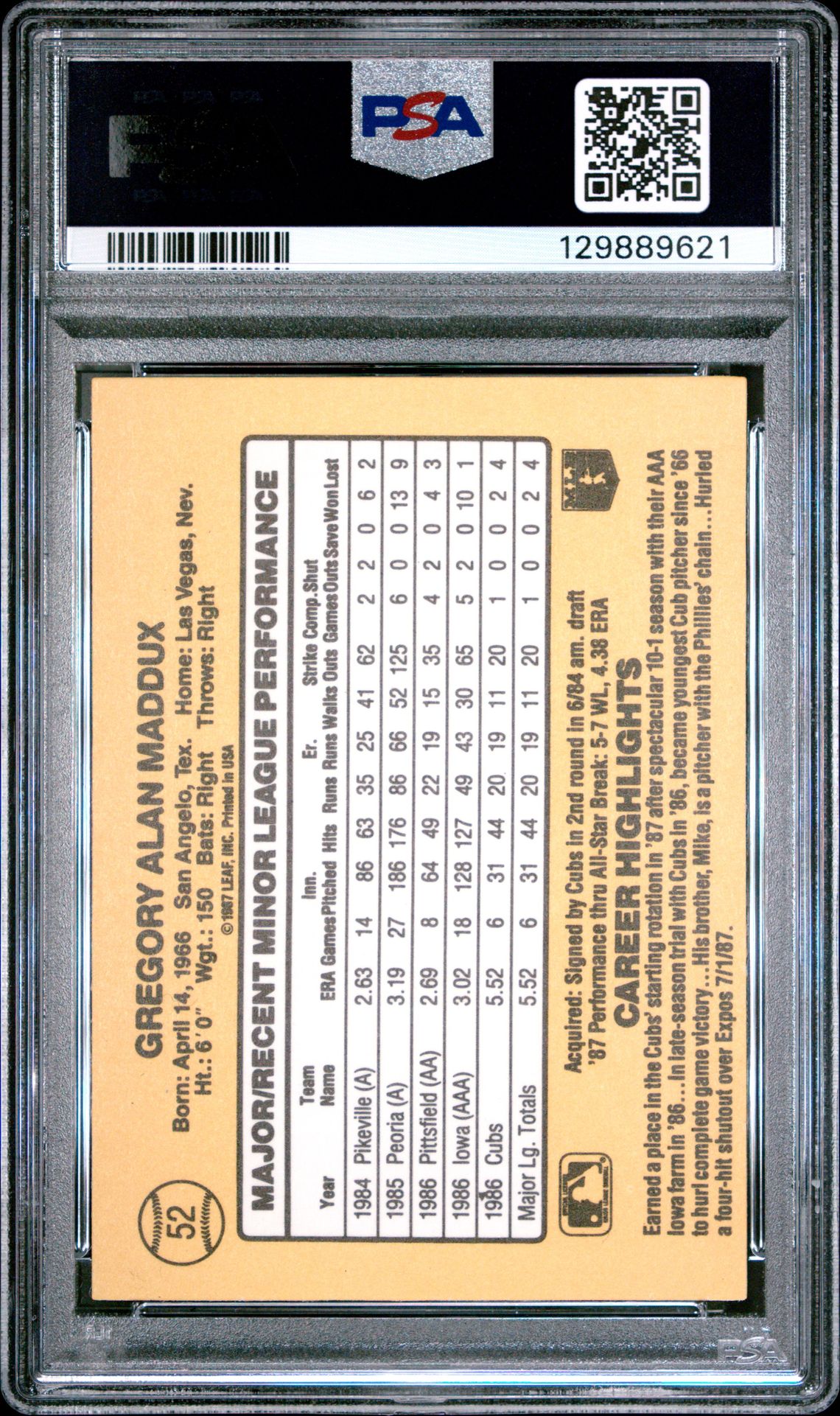 1987 Donruss Rookies Greg Maddux #52 Nm 7 back
