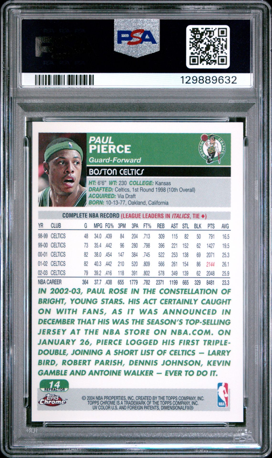 2003 Topps Chrome Paul Pierce #14 (Refractor) Mint 9 back