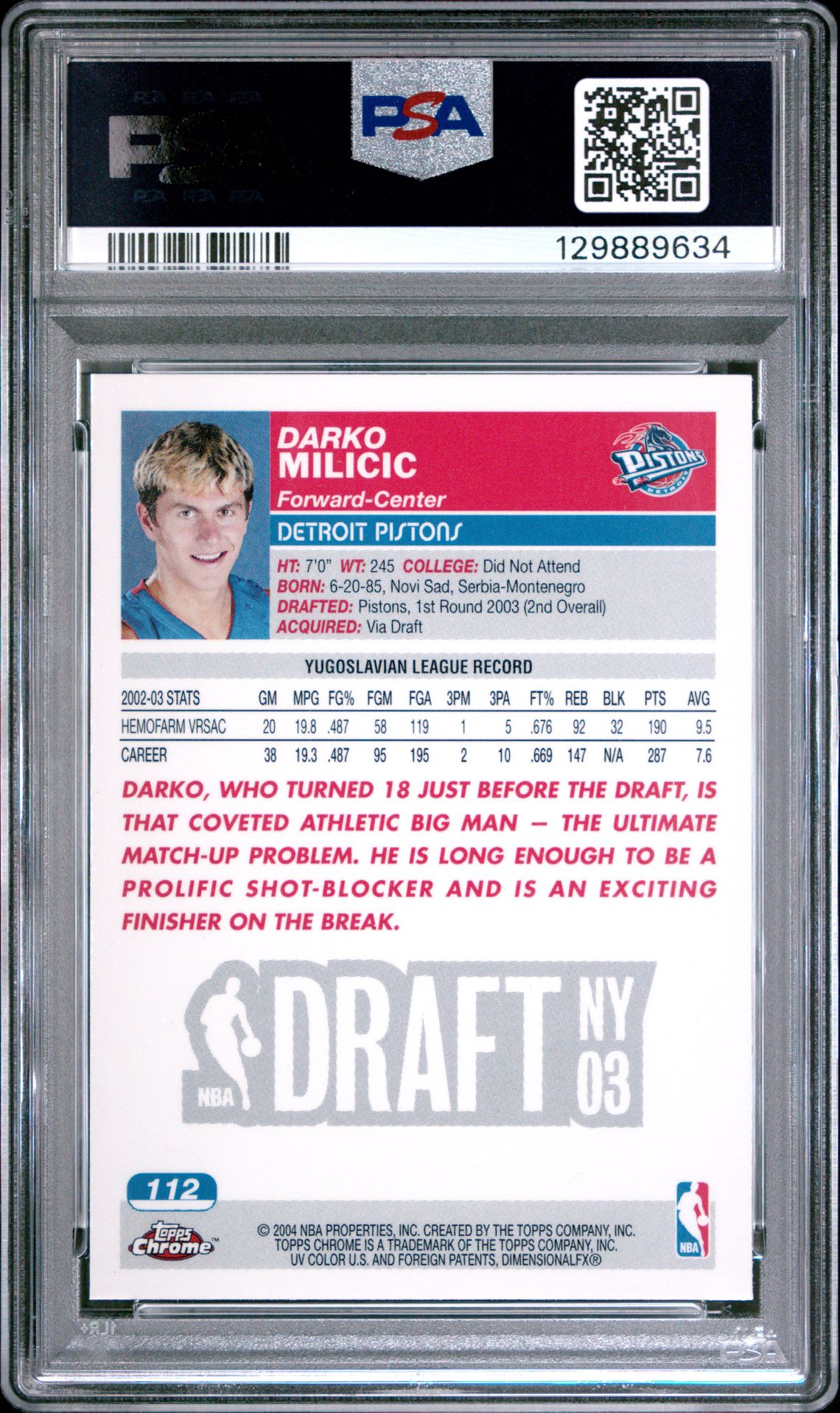 2003 Topps Chrome Darko Milicic #112 Gem Mt 10 back
