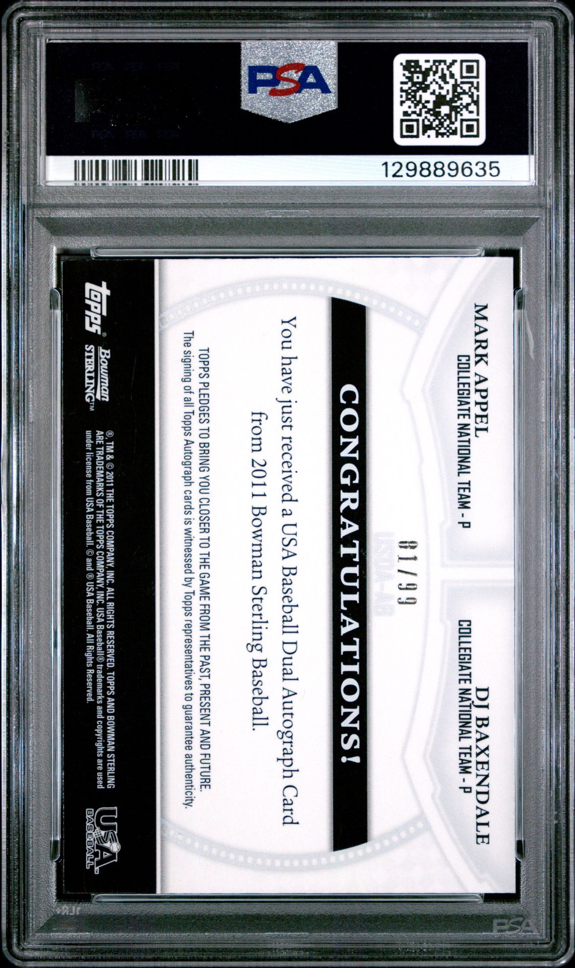 2011 Bowman Sterling Dual Autograph M.appel/D.baxendale #Ab (Dual Auto-Refractor) Mint 9 back