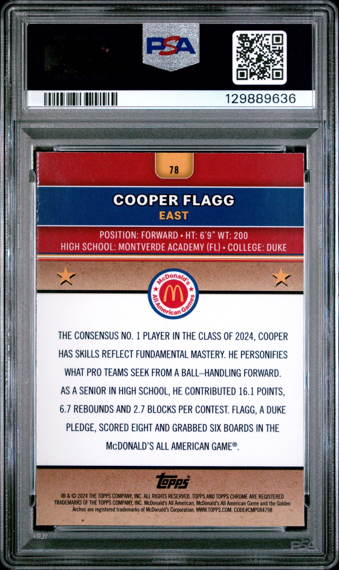 2024 Topps Chrome Mcdonald's All American Cooper Flagg #78 (Raywave) Gem Mt 10 back