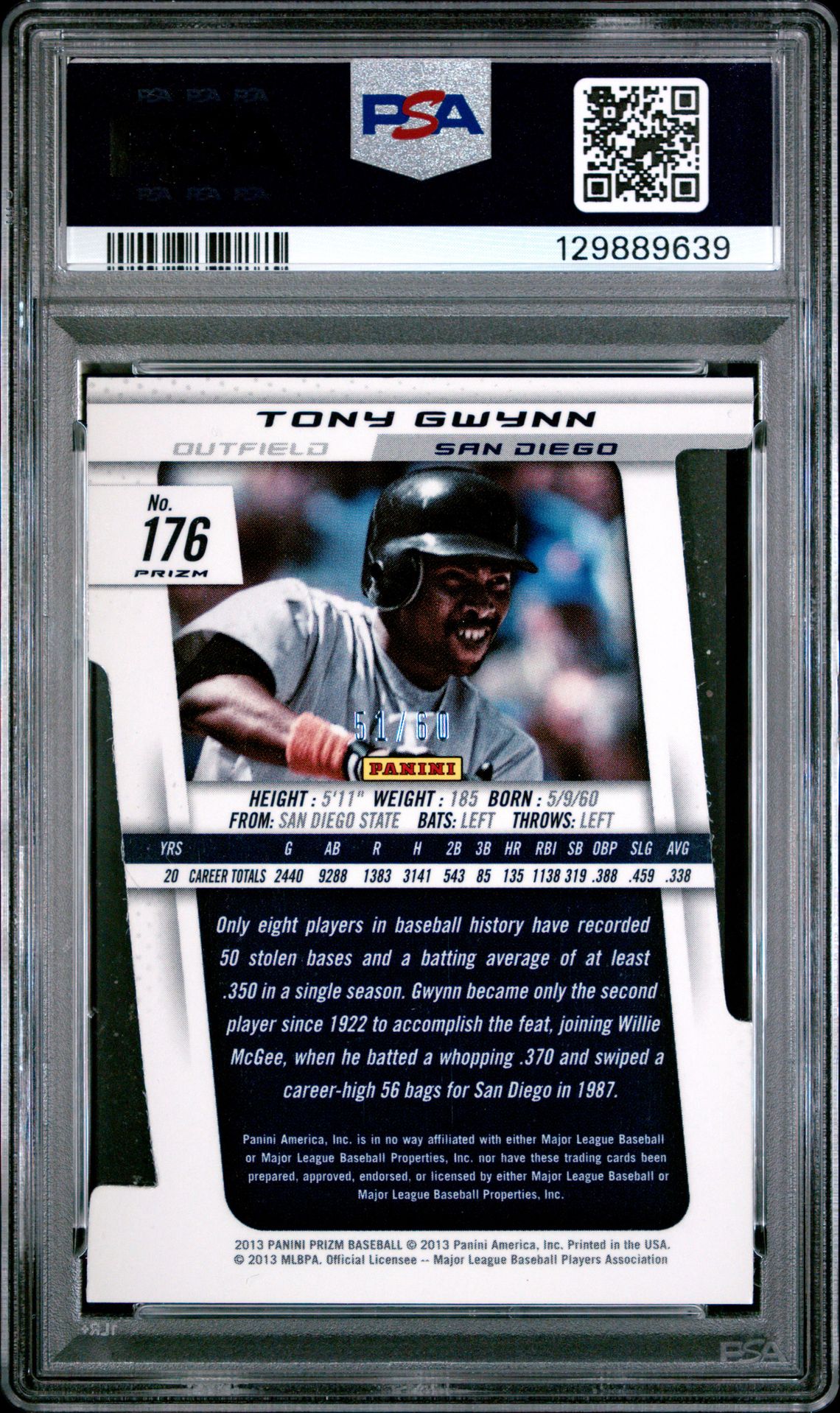 2013 Panini Prizm Tony Gwynn #176 (Orange Die-Cut) Gem Mt 10 back