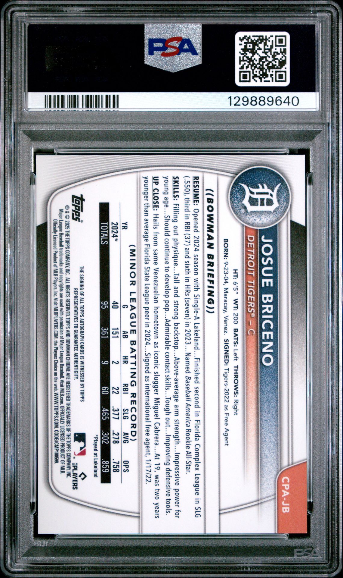 2025 Bowman Chrome Prospect Autographs Josue Briceno #Cpajb (Chrome Pros Au-Gold Ref) Gem Mt 10 back view - PSA certificate #129889640