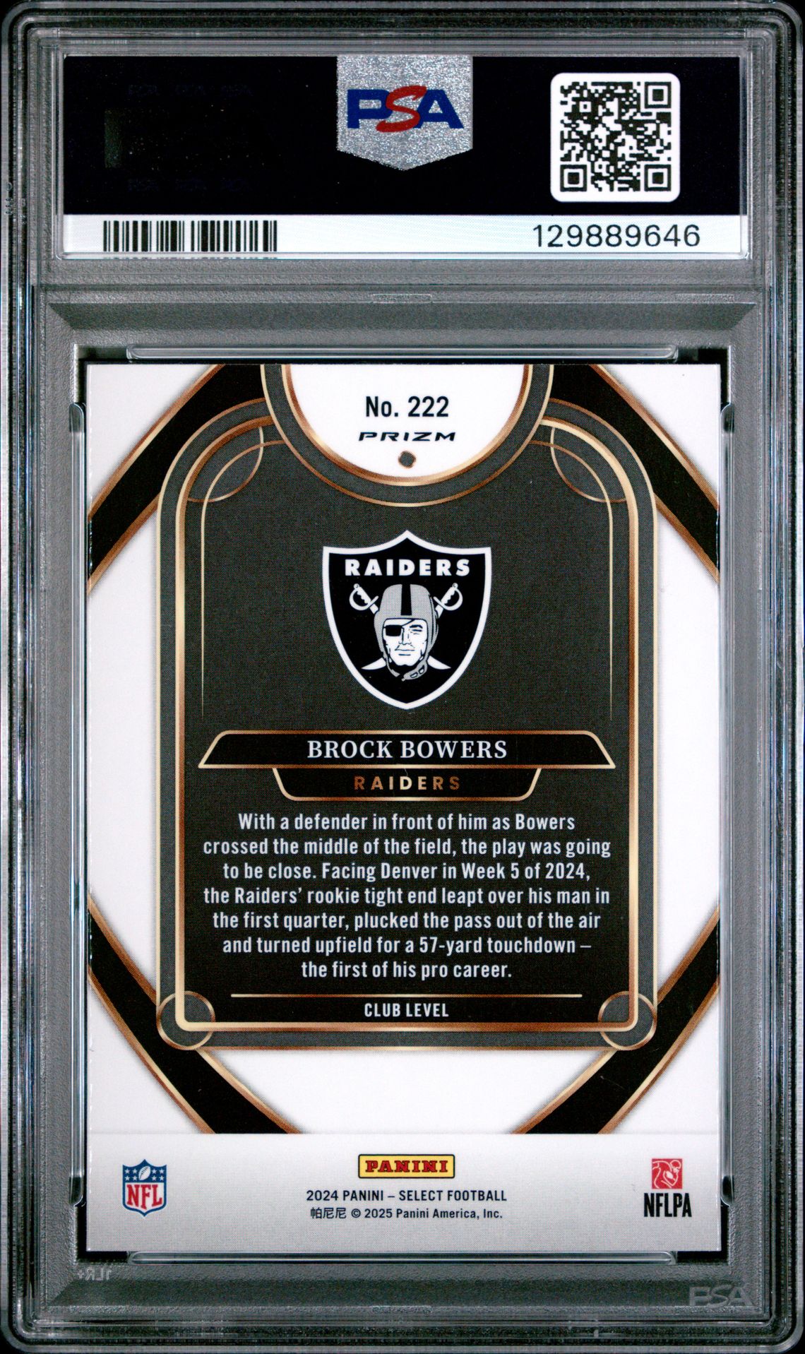 2024 Panini Select Brock Bowers #222 (Green & Red Shock) Gem Mt 10 back