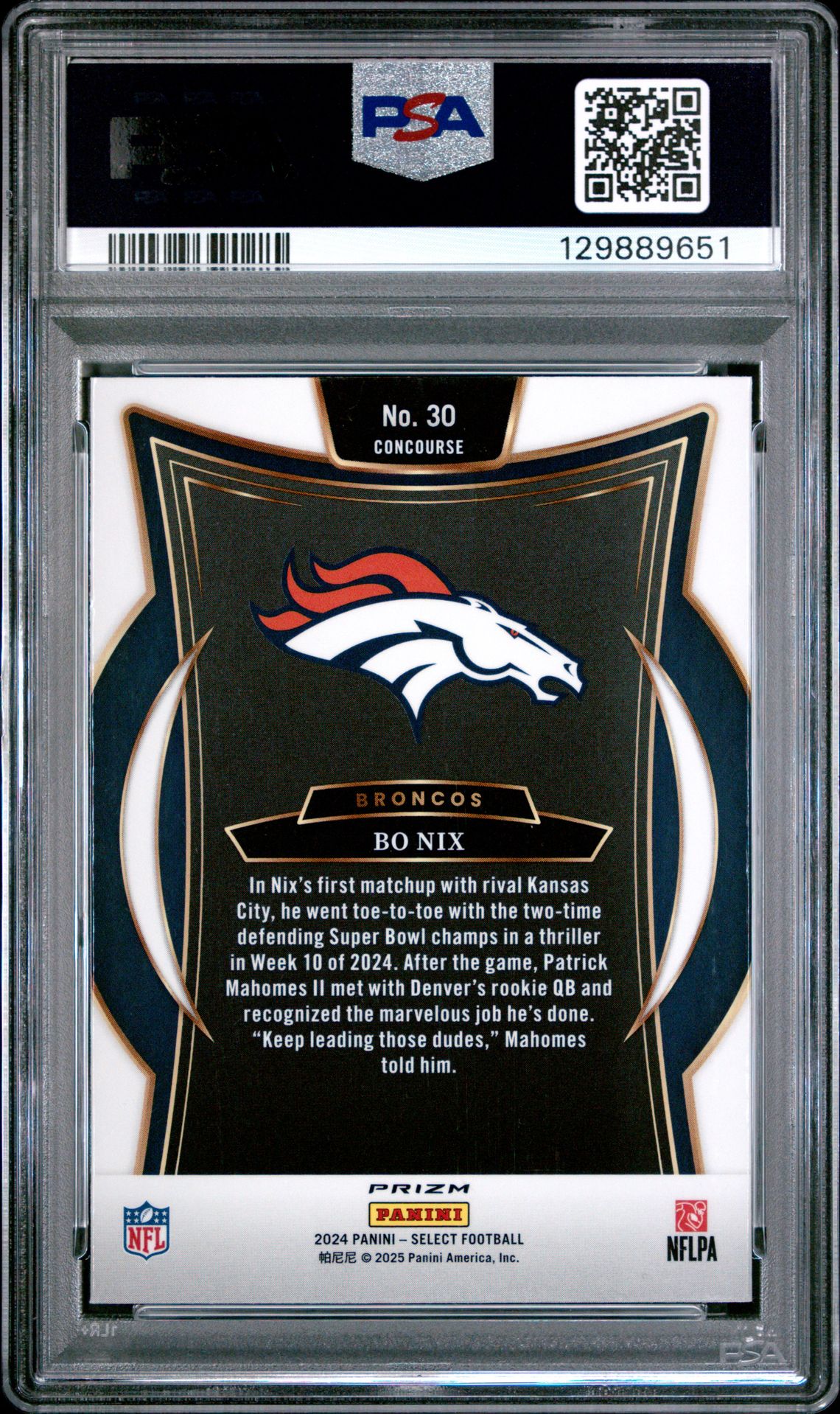 2024 Panini Select Bo Nix #30 (Red & Blue Shock) Gem Mt 10 back