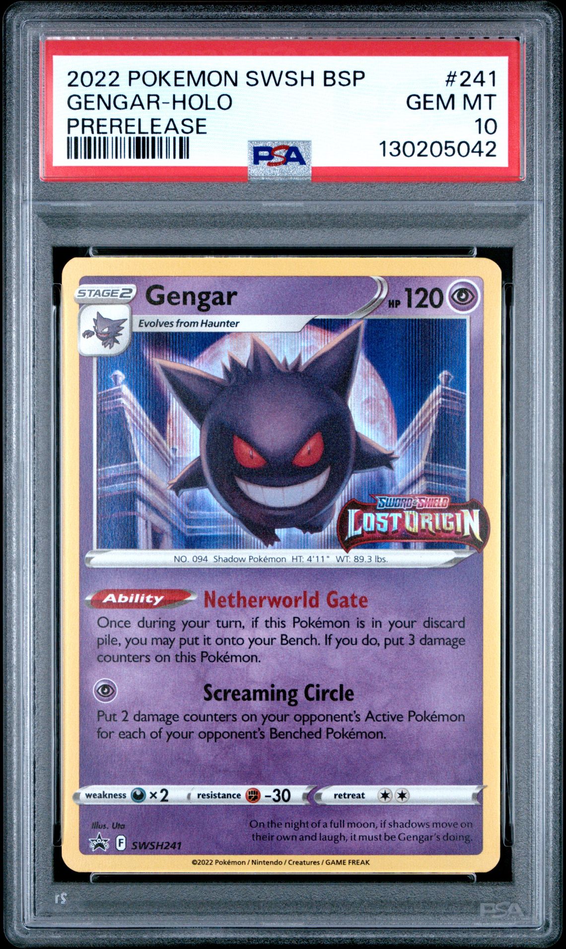 2022 Pokemon Swsh Black Star Promo Gengar-Holo #241 (Prerelease) Gem Mt 10 front
