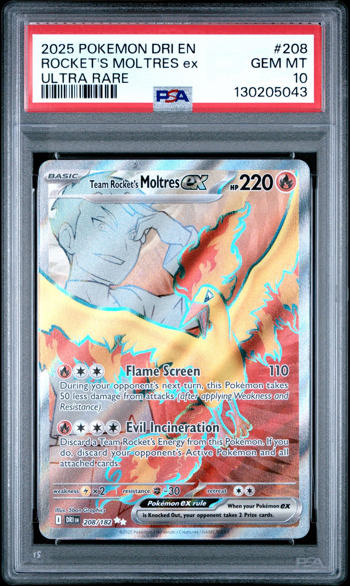2025 Pokemon Dri En-Destined Rivals Rocket's Moltres Ex #208 (Ultra Rare) Gem Mt 10 front