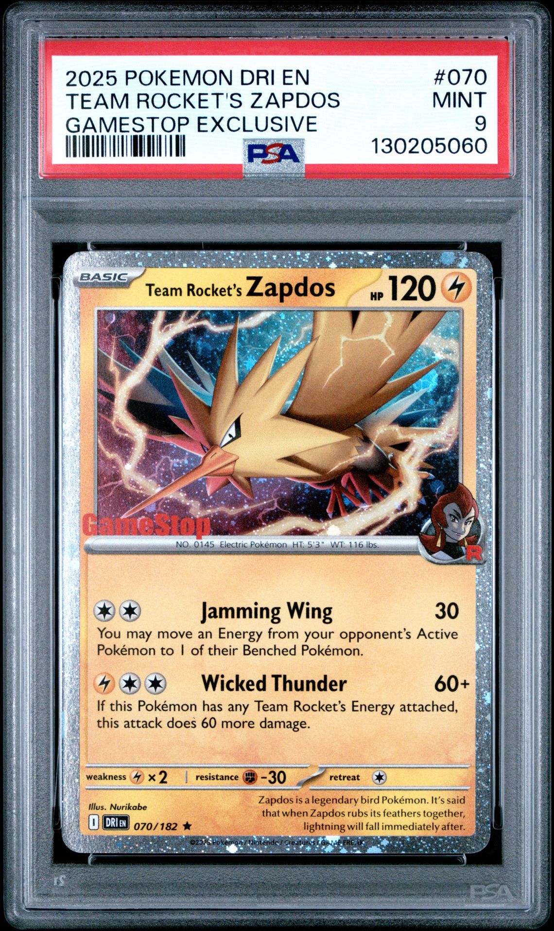 2025 Pokemon Dri En-Destined Rivals Team Rocket's Zapdos #070 (Gamestop Exclusive) Mint 9 front