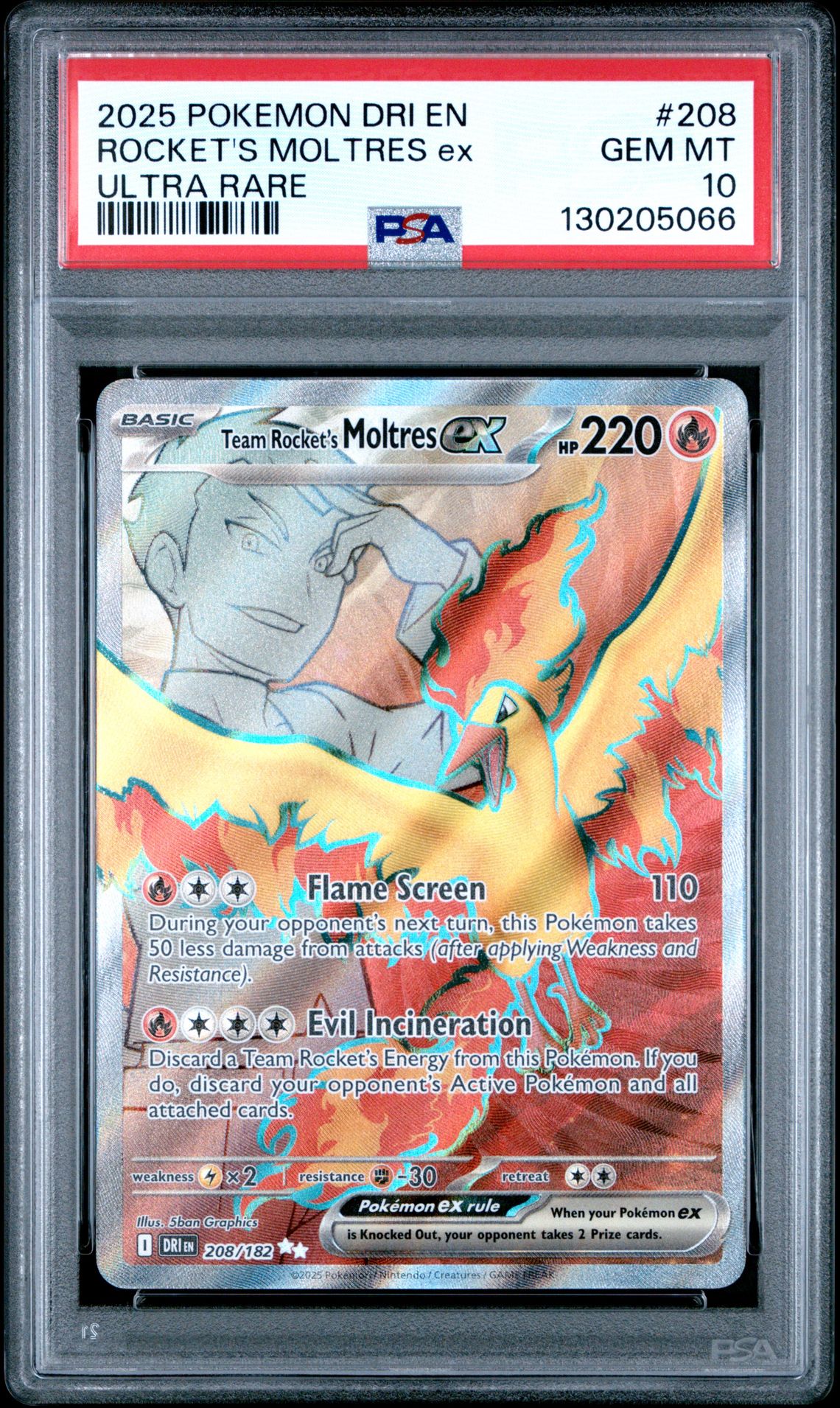 2025 Pokemon Dri En-Destined Rivals Rocket's Moltres Ex #208 (Ultra Rare) Gem Mt 10 front