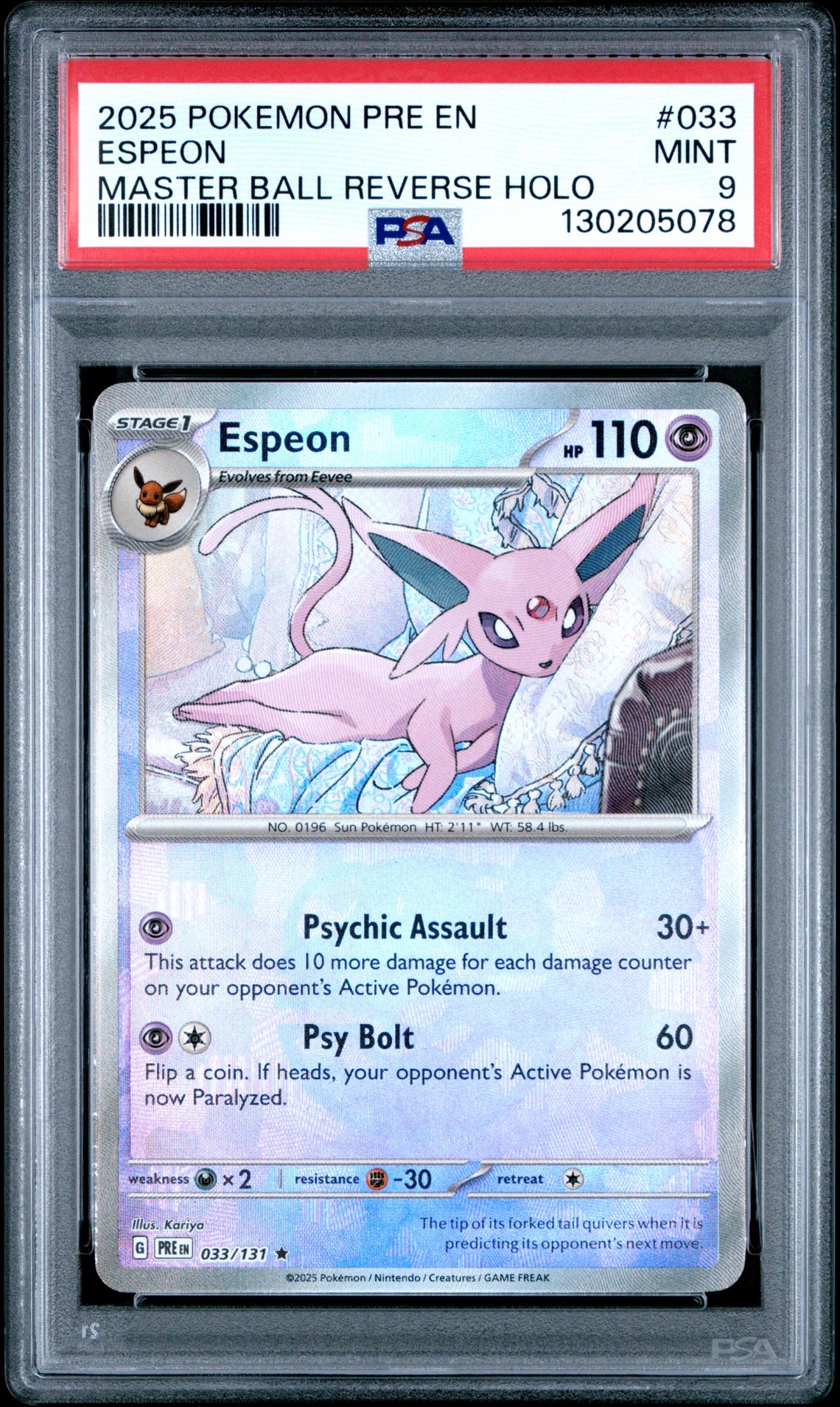 2025 Pokemon Pre En-Prismatic Evolutions Espeon #033 (Master Ball Reverse Holo) Mint 9 front