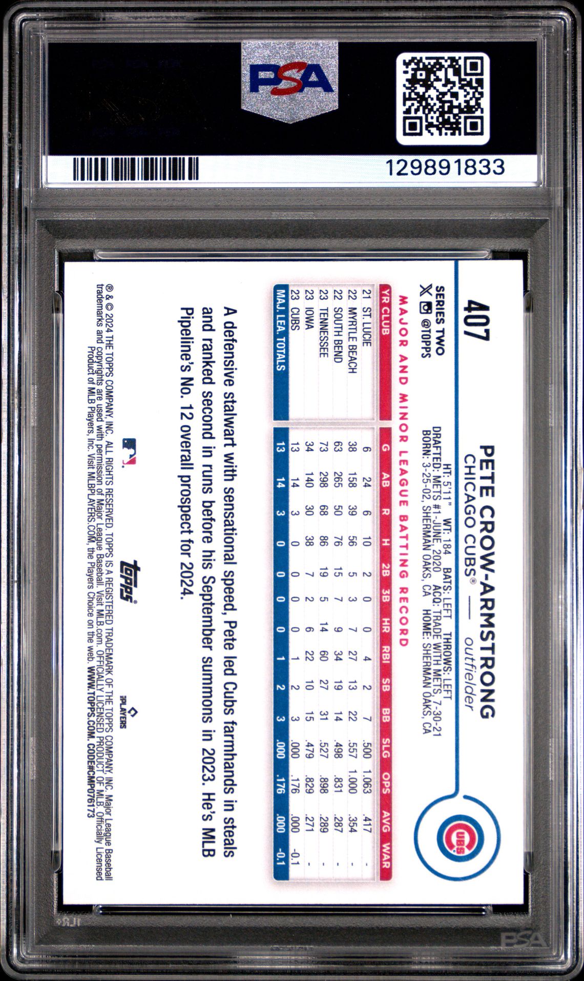 2024 Topps Pete Crow-Armstrong #407 (Yellow) Gem Mt 10 back