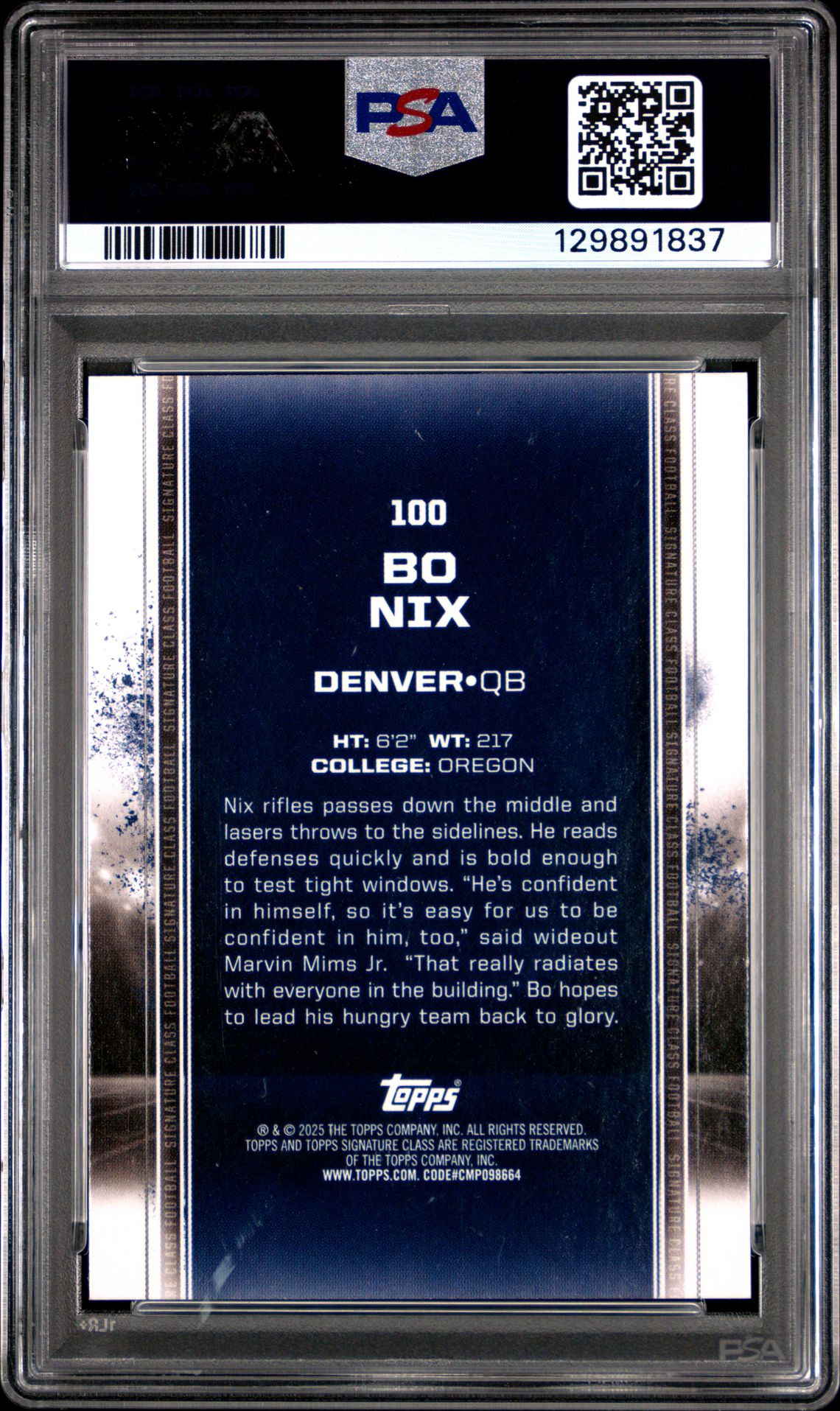 2024 Topps Signature Class Bo Nix #100 Gem Mt 10 back