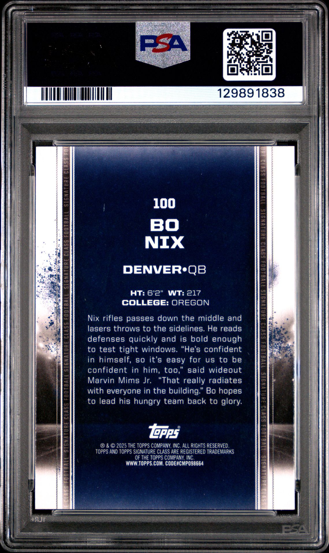 2024 Topps Signature Class Bo Nix #100 (Bronze) Gem Mt 10 back