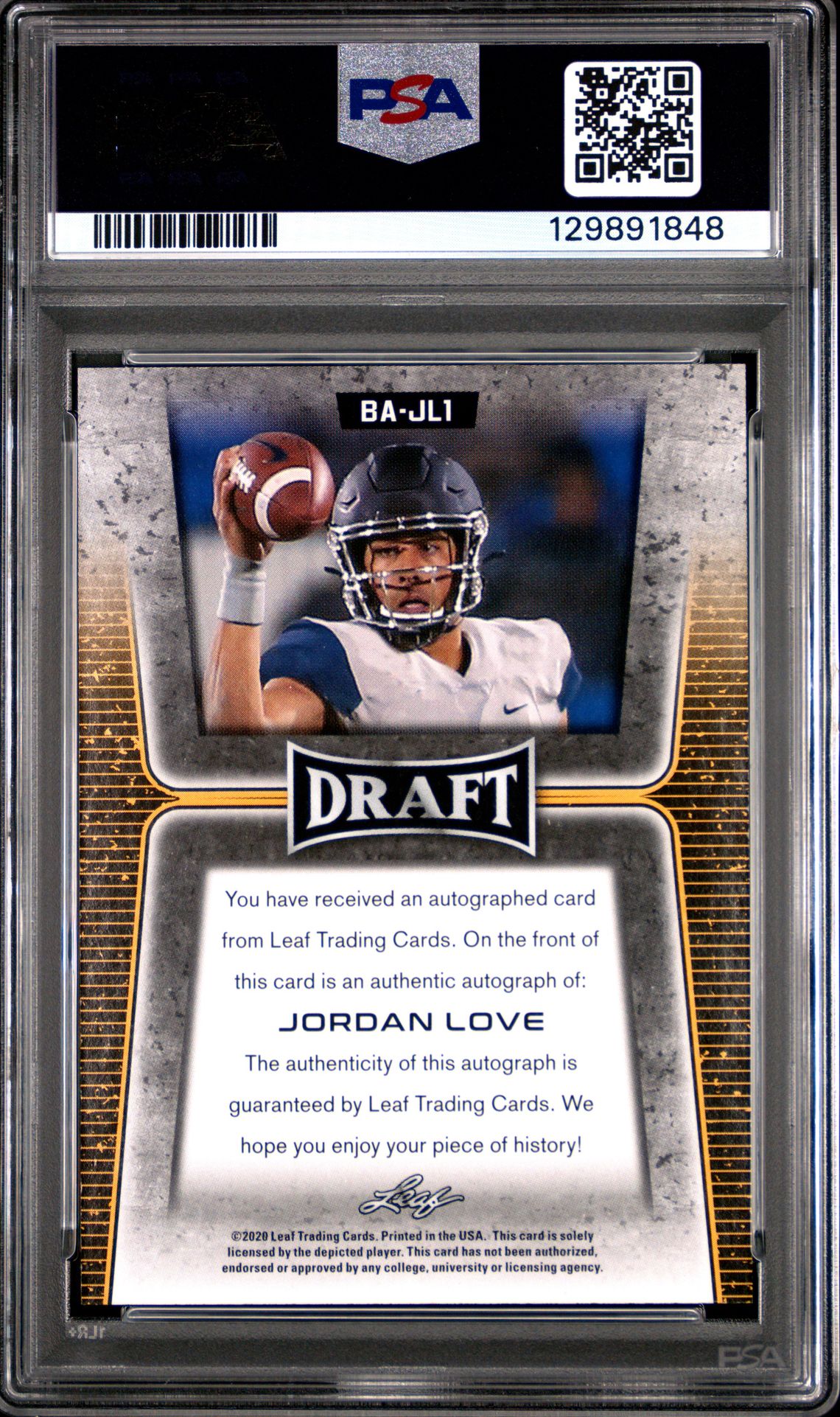 2020 Leaf Draft Autographs Jordan Love #Bajl1 (Autographs) Gem Mt 10 back