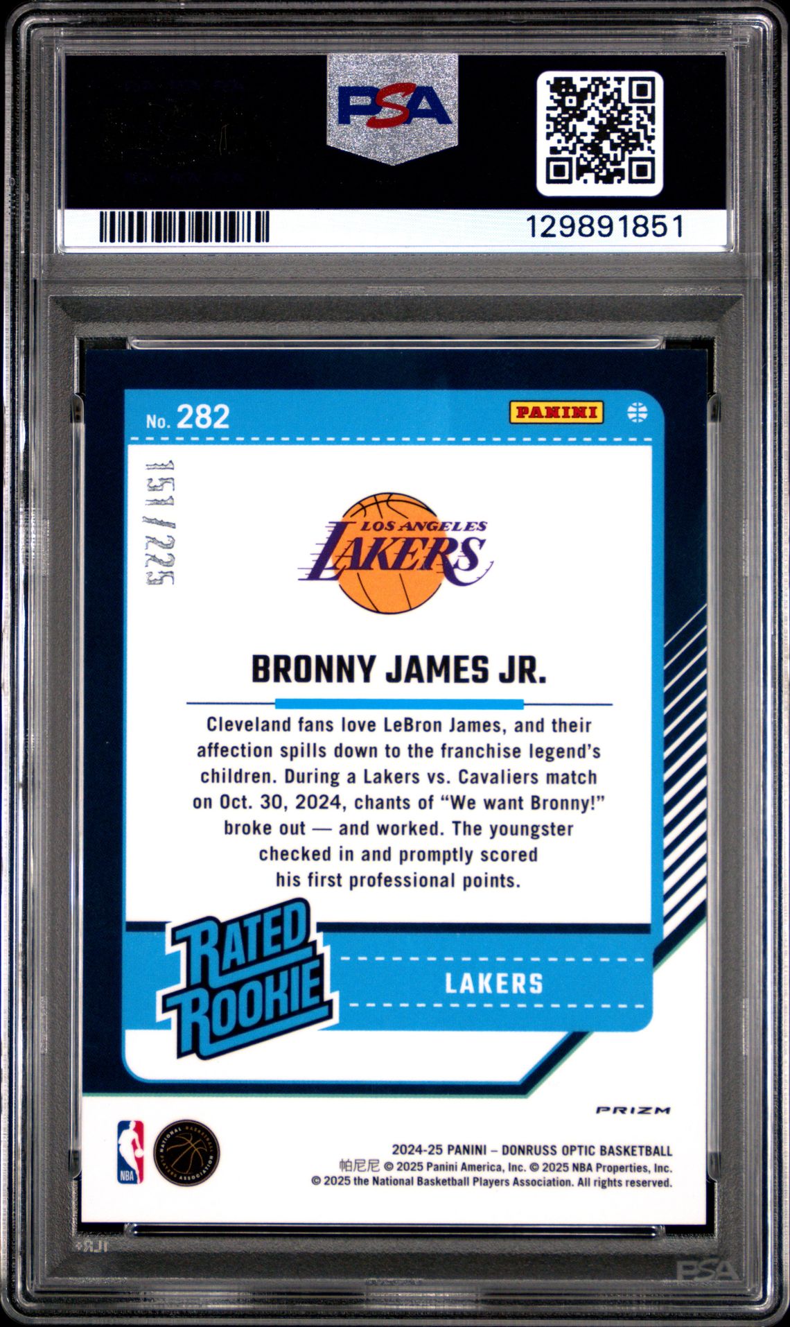 2024 Panini Donruss Optic Bronny James Jr. #282 (Aqua) Gem Mt 10 back