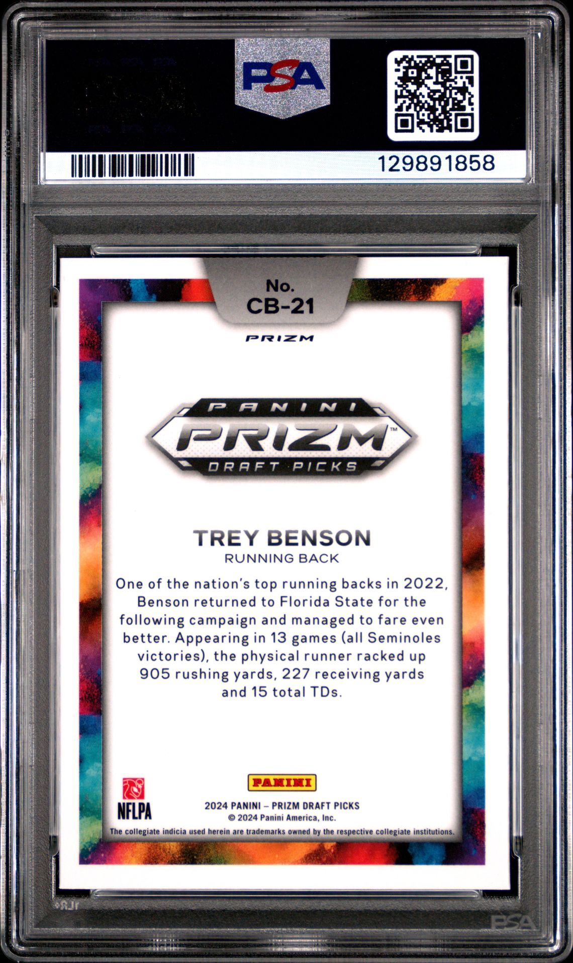 2024 Panini Prizm Draft Picks Color Blast Trey Benson #Cb21 Gem Mt 10 back