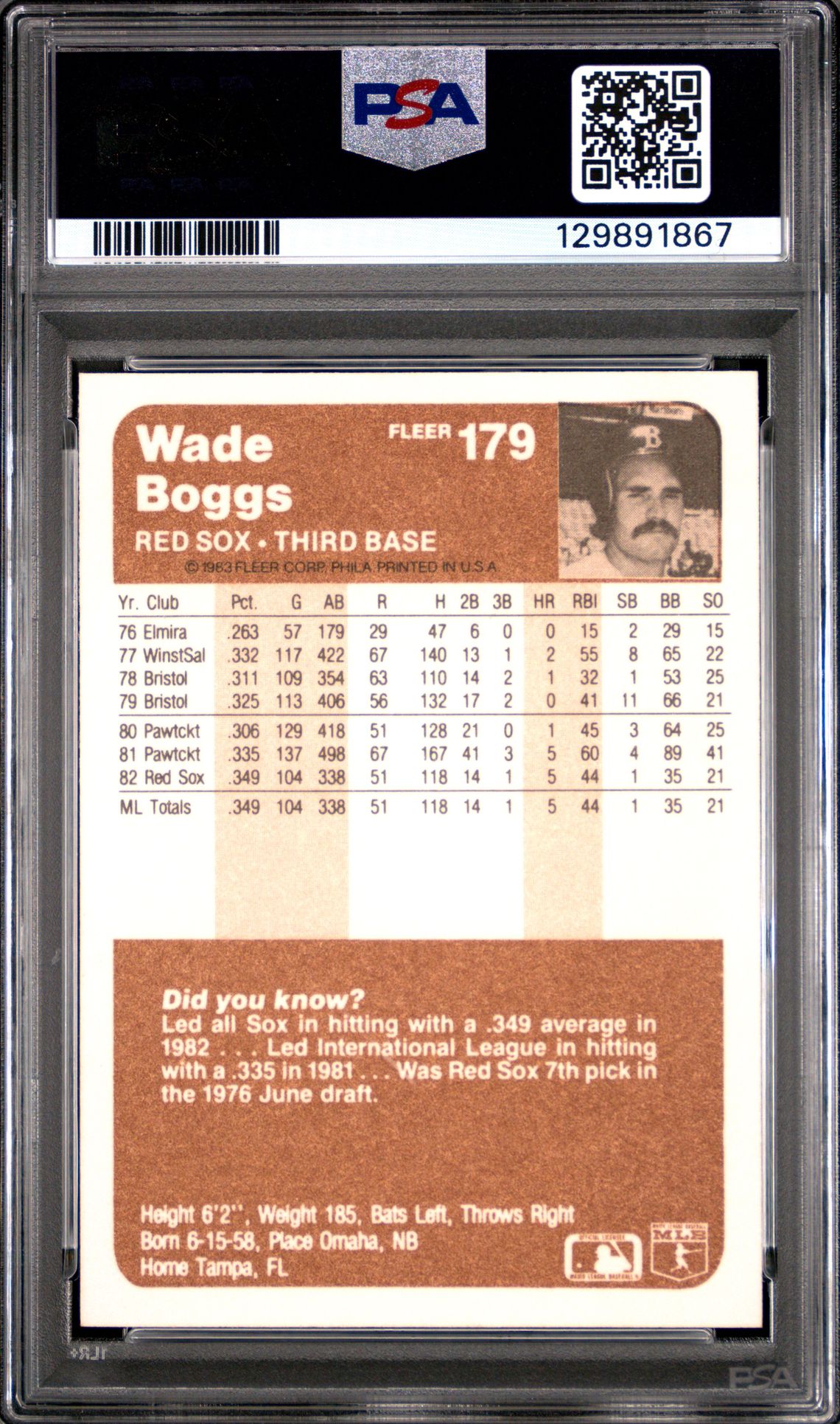 1983 Fleer Wade Boggs #179 Gem Mt 10 back