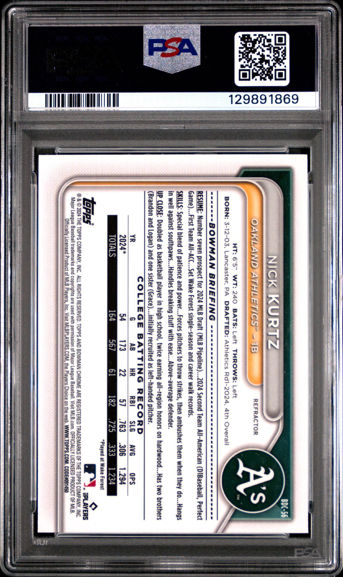 2024 Bowman Draft Nick Kurtz #Bdc56 (Chrome-Refractor) Gem Mt 10 back