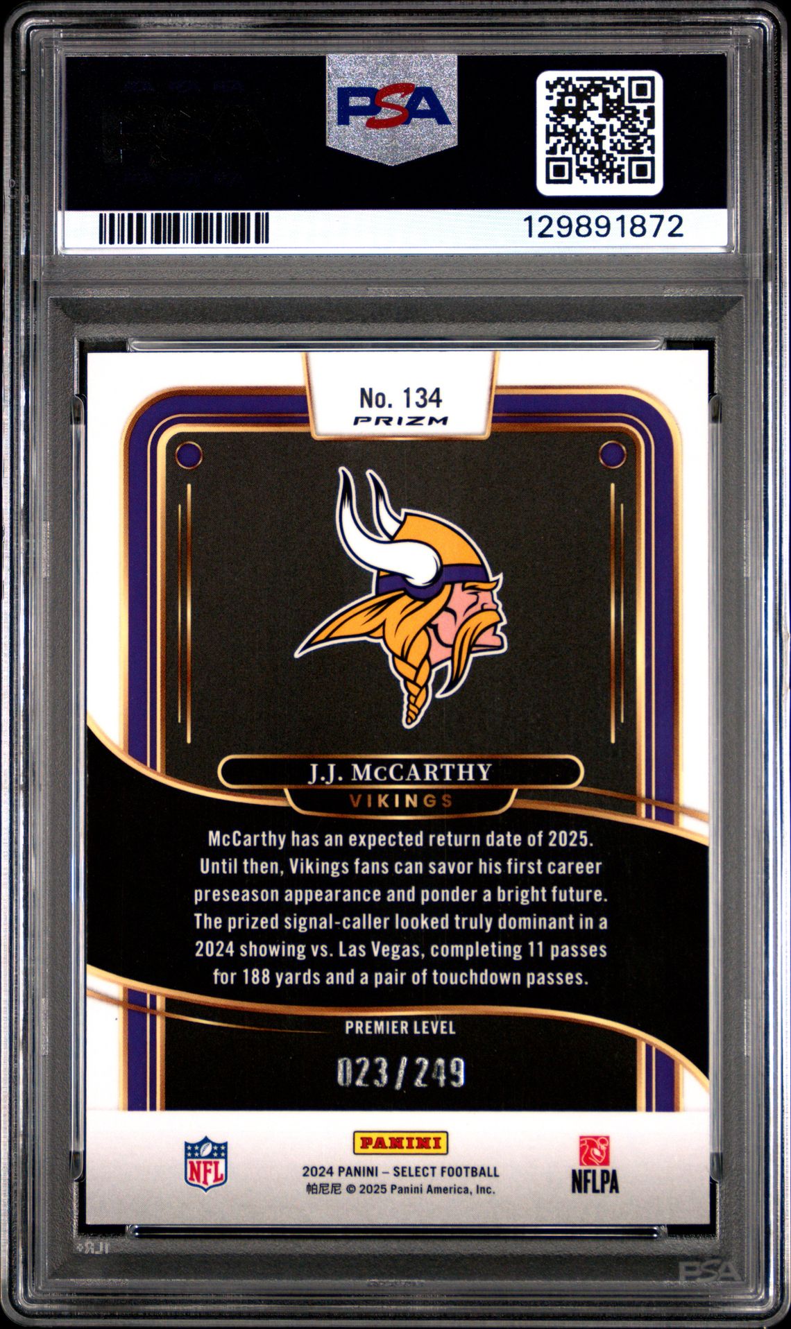 2024 Panini Select Jj Mccarthy #134 (Red Shock) Gem Mt 10 back