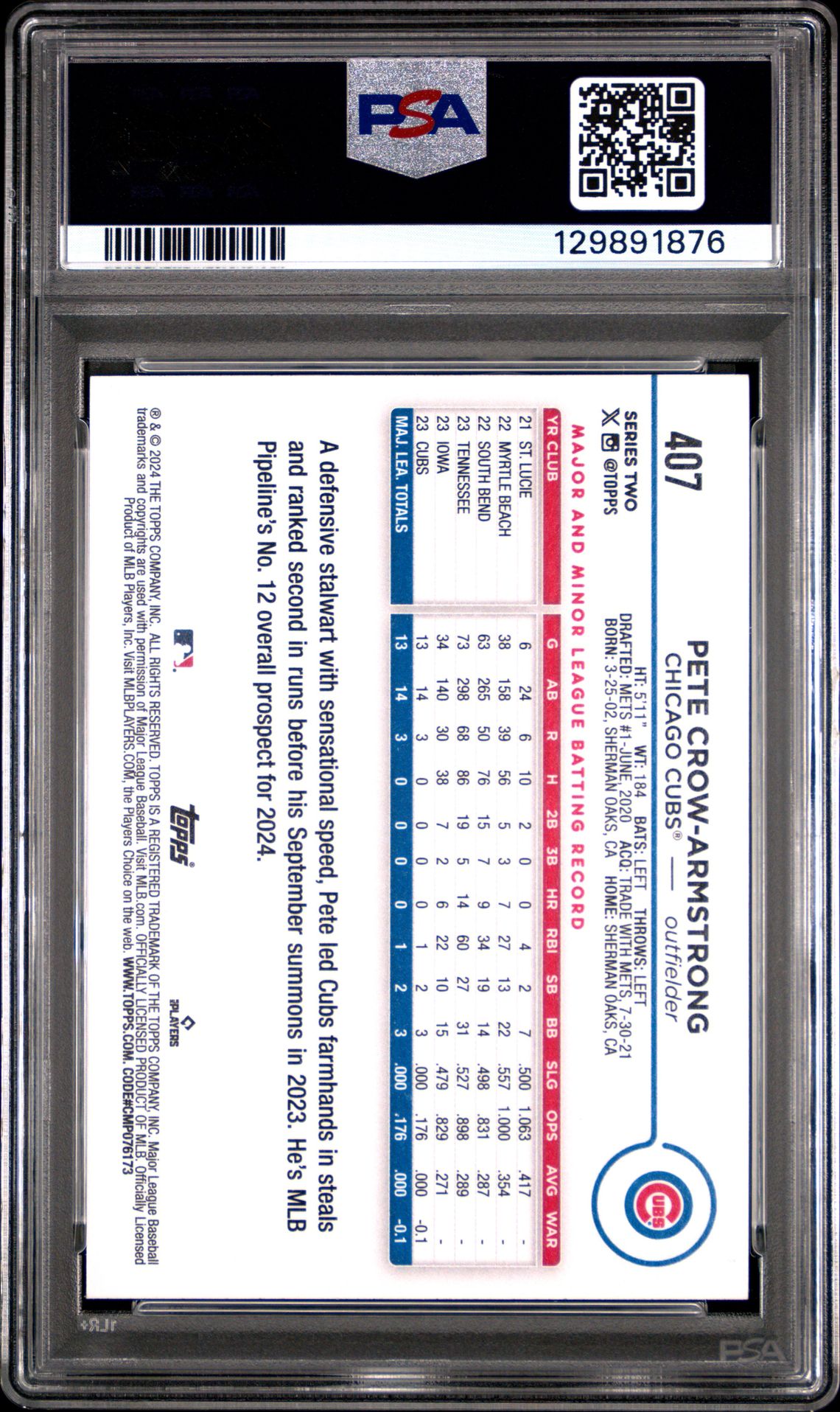2024 Topps Pete Crow-Armstrong #407 (Yellow) Nm-Mt 8 back