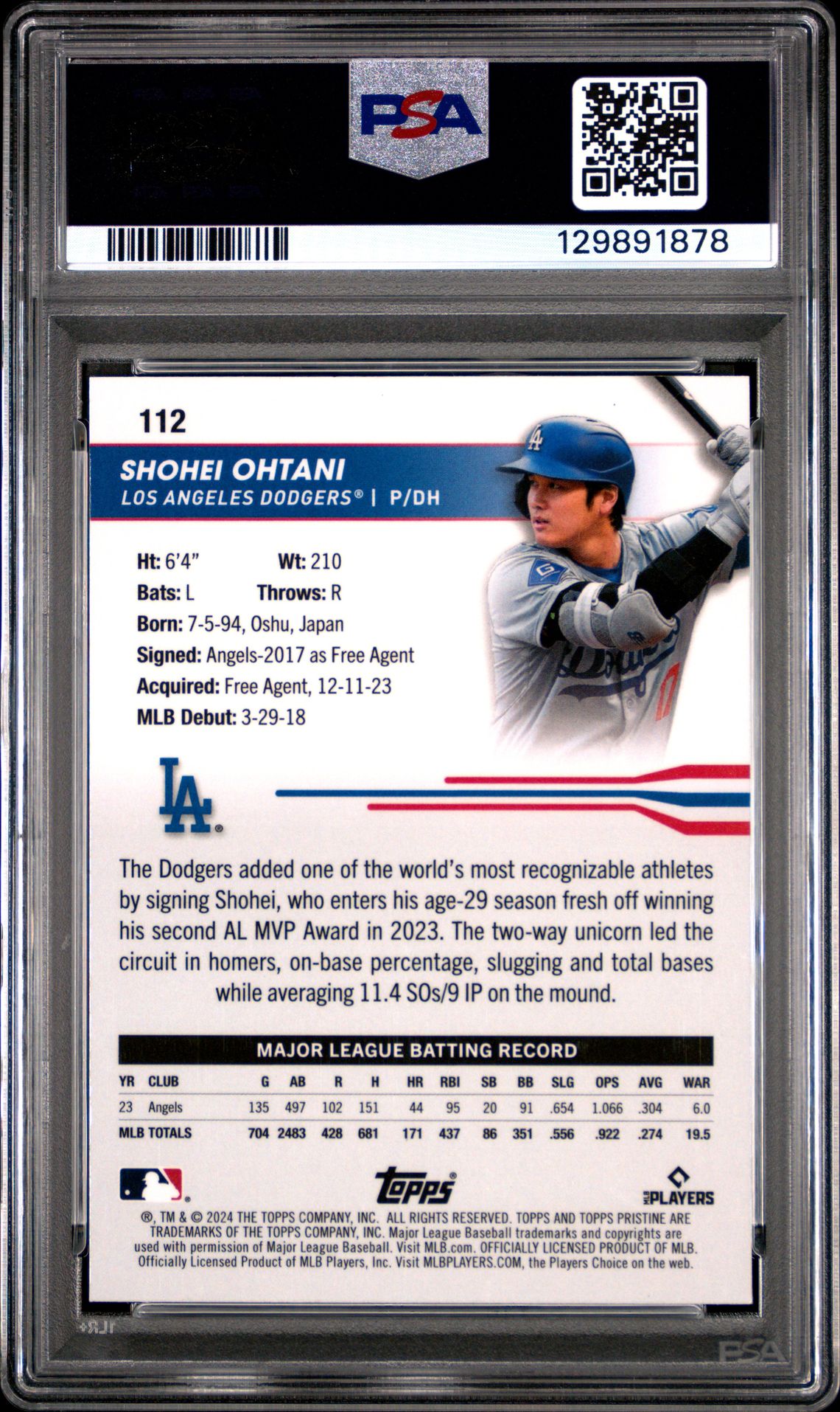 2024 Topps Pristine Shohei Ohtani #112 (Green Refractor) Gem Mt 10 back
