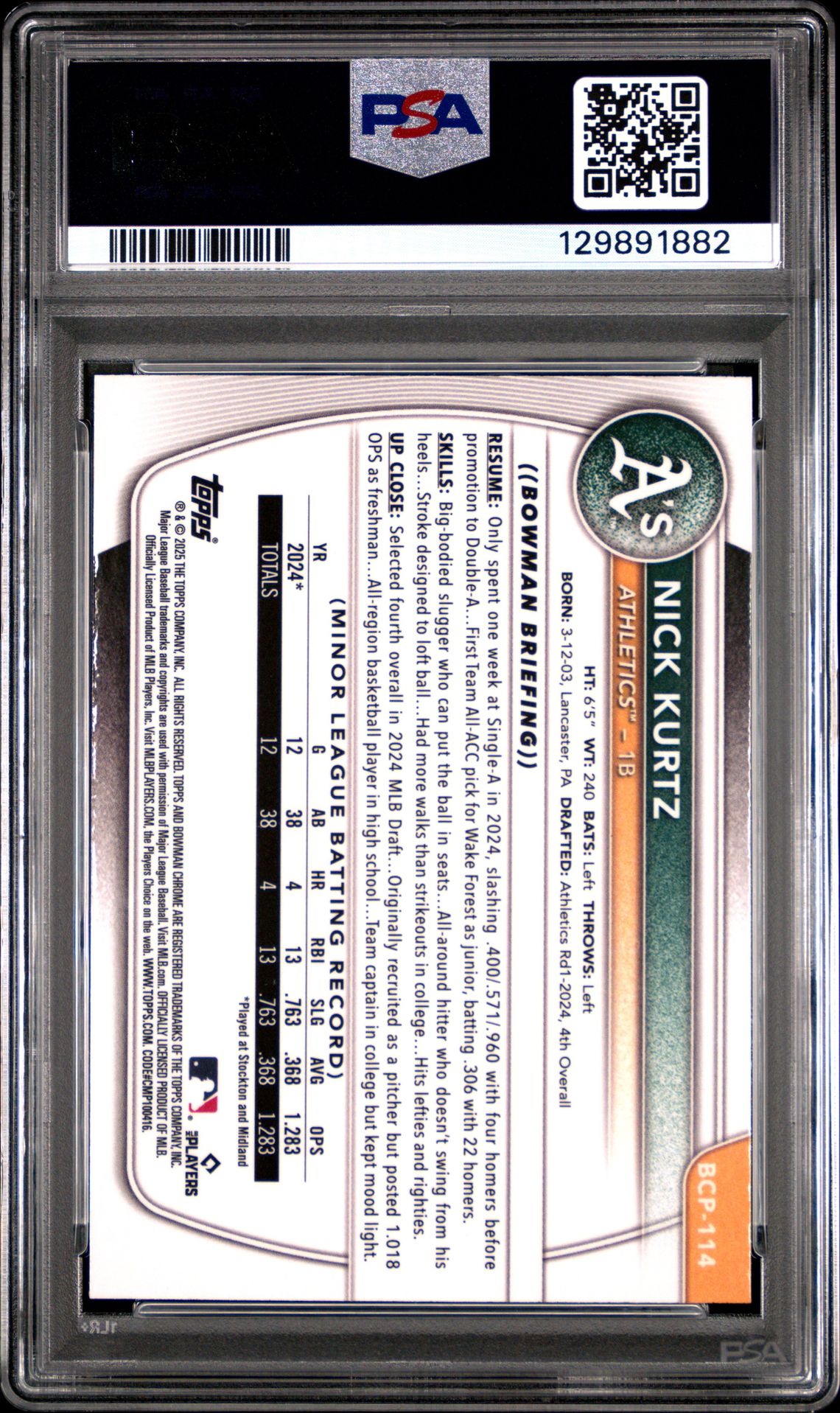 2025 Bowman Chrome Prospects Nick Kurtz #Bcp114 Mint 9 back