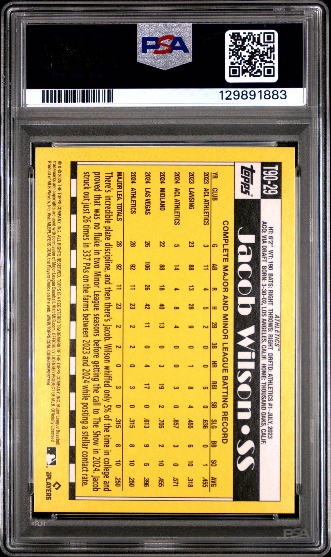 2025 Topps 1990 Topps Baseball Jacob Wilson #T90-29 Mint 9 back