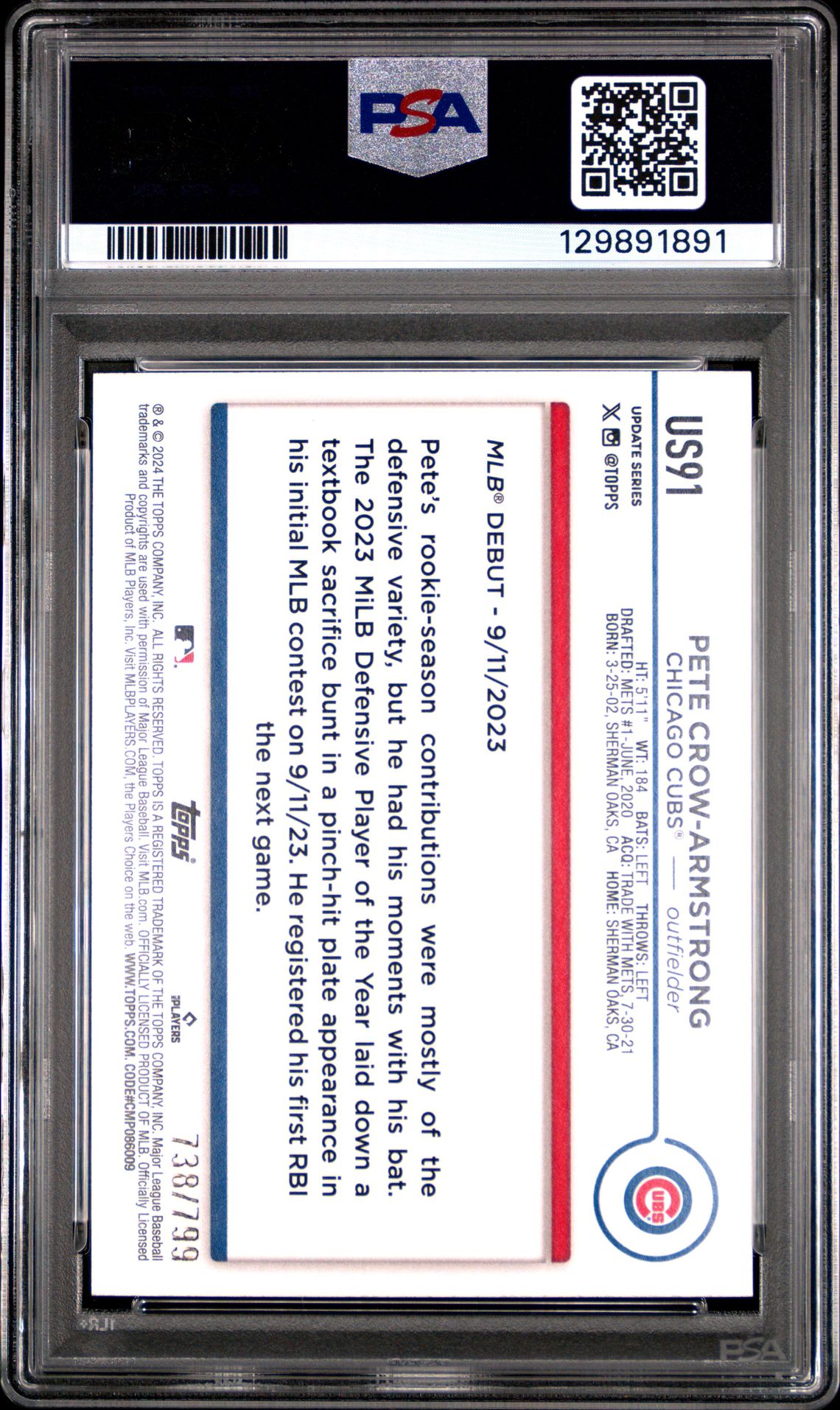 2024 Topps Update Pete Crow-Armstrong #Us91 (Purple Holo Foilboard) Gem Mt 10 back