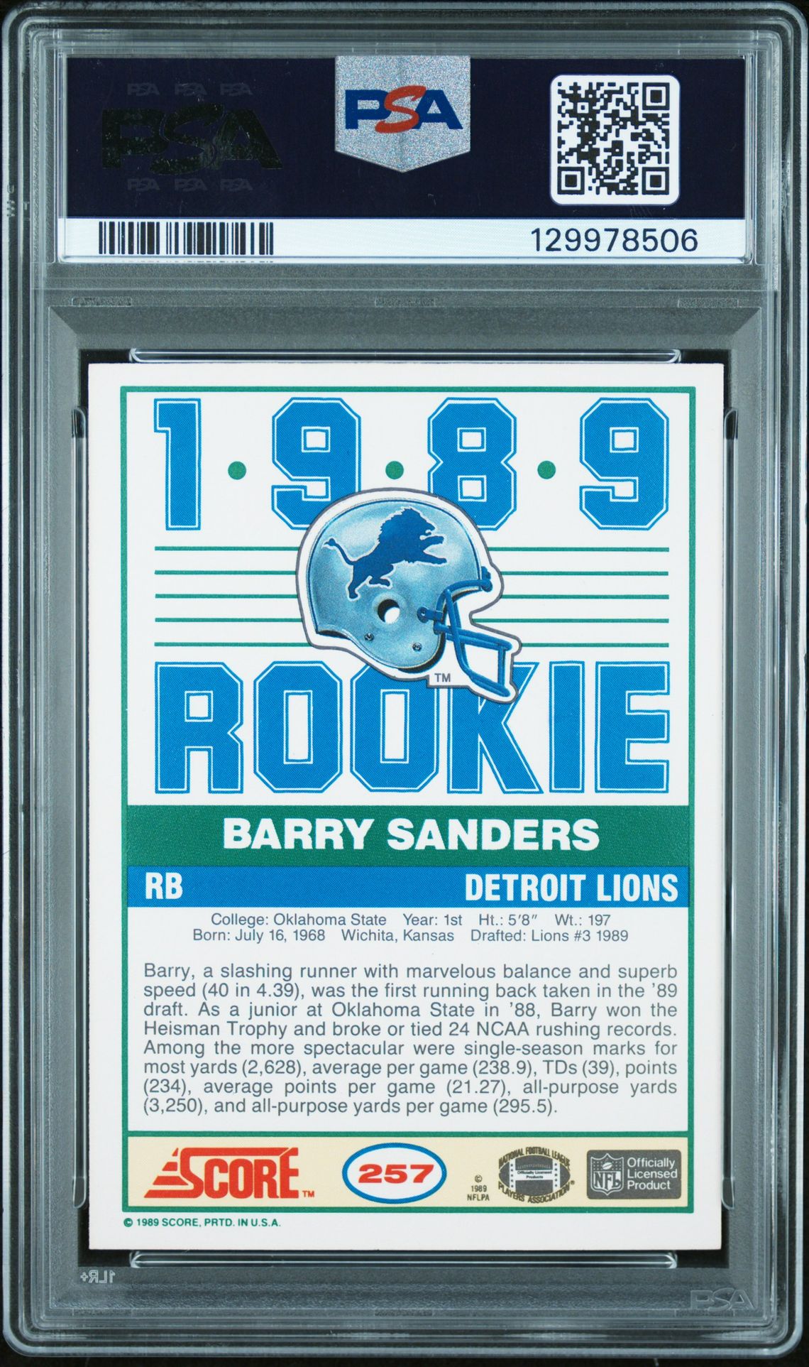 1989 Score Barry Sanders #257 Nm-Mt 8 back