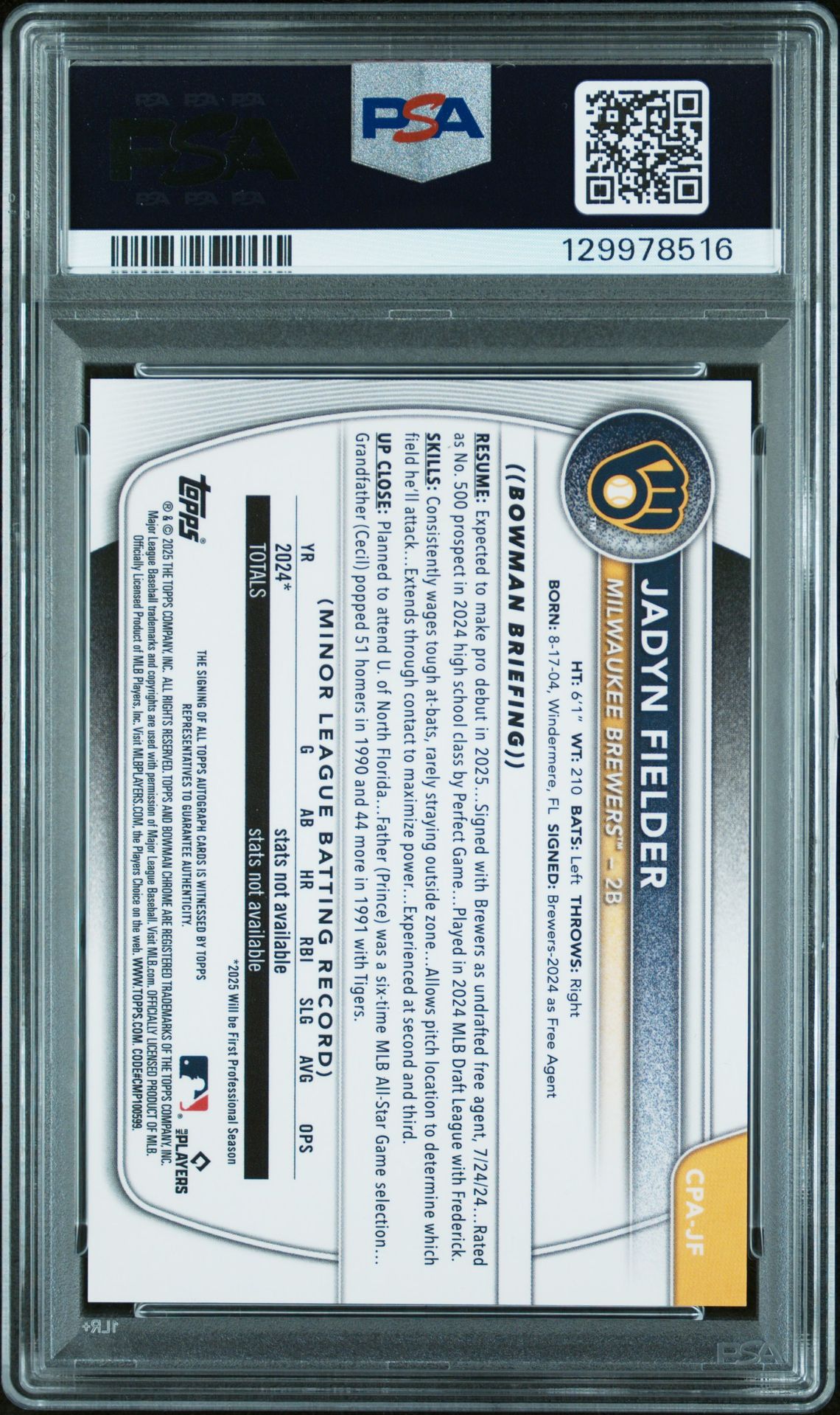 2025 Bowman Chrome Prospect Autographs Jadyn Fielder #Cpajf (Chrome Prospect Auto) Mint 9 back