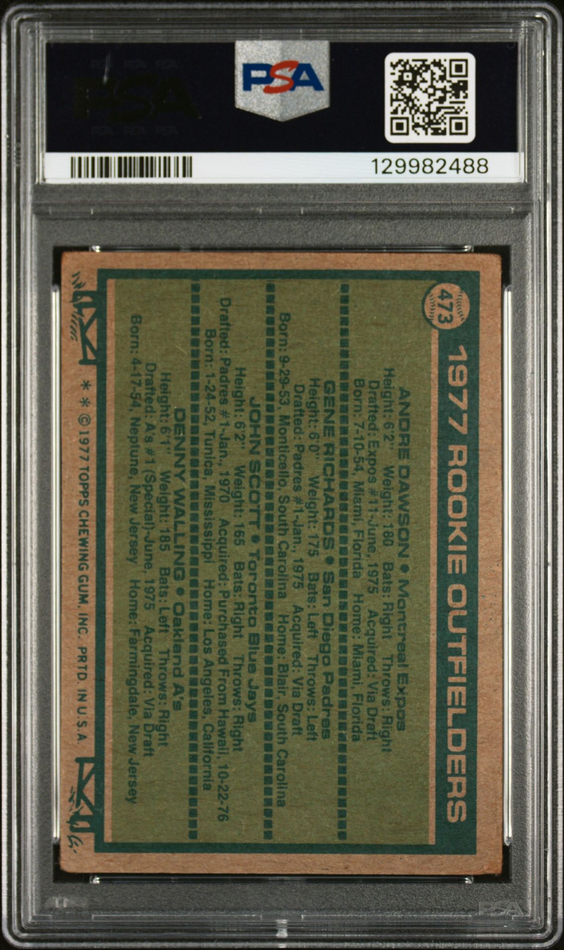 1977 Topps Andre Dawson #473 (Rookie Outfielders) N0: Authentic back