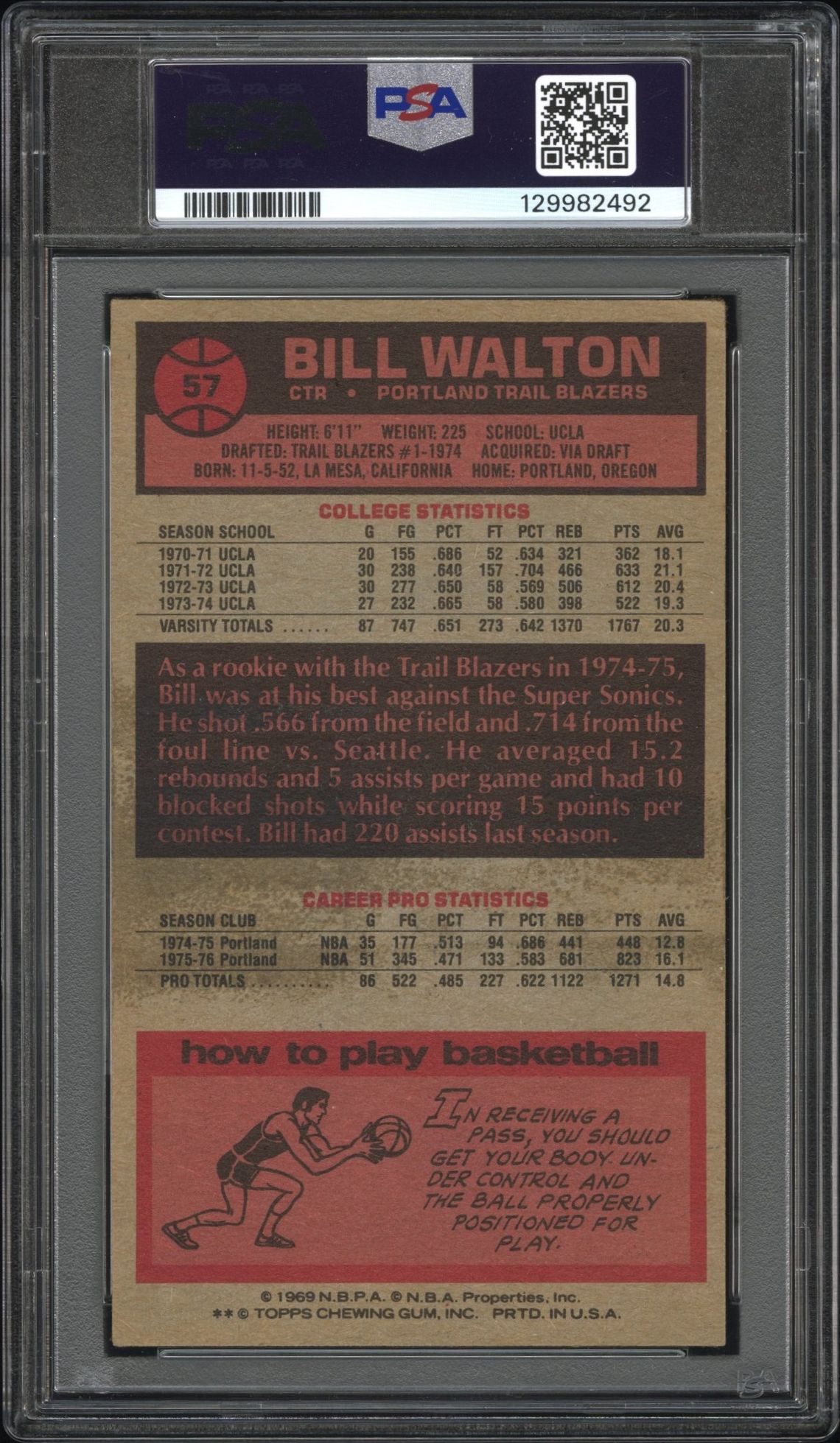 1976 Topps Bill Walton #57 N0: Authentic back