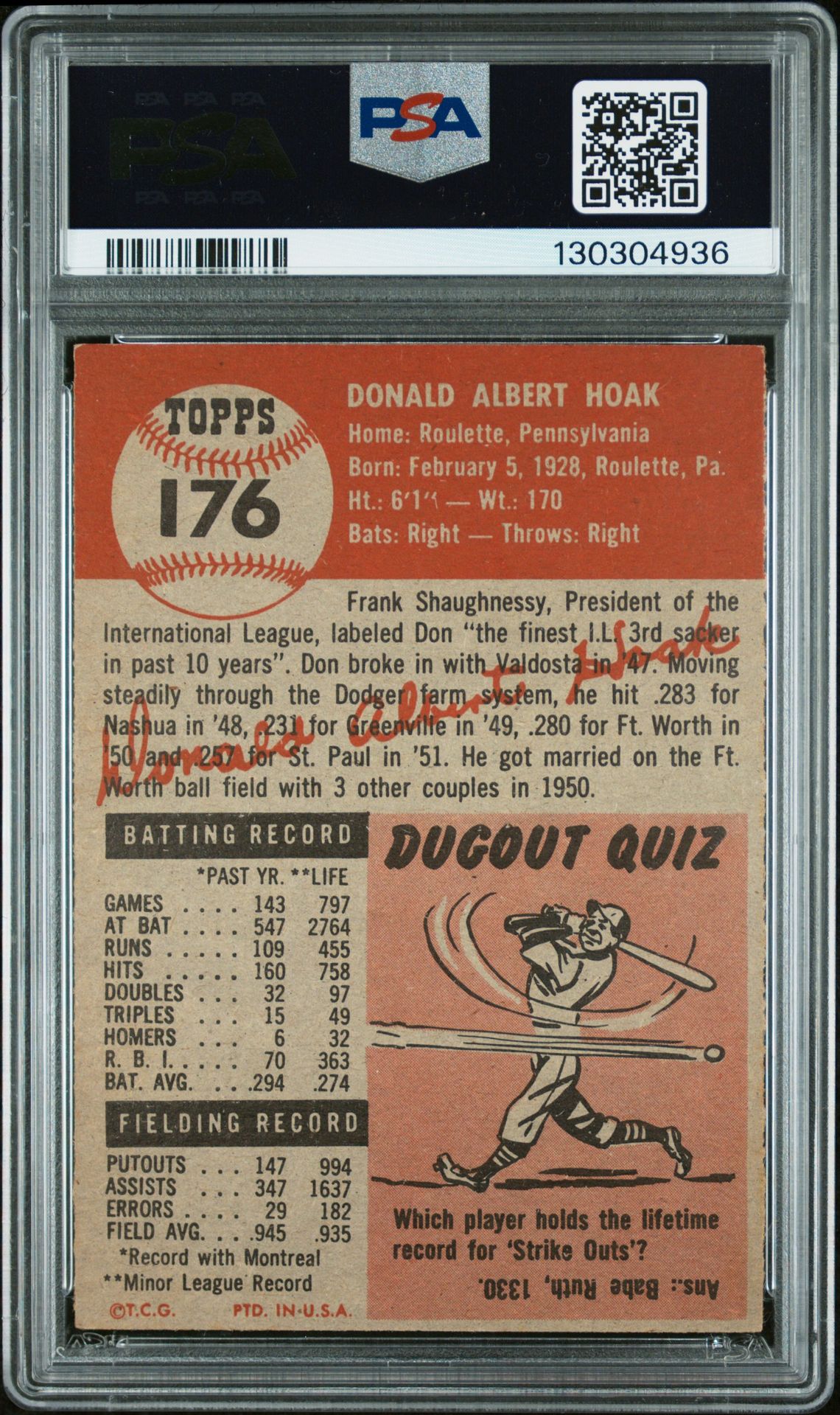 1953 Topps Don Hoak #176 Ex-Mt 6 back