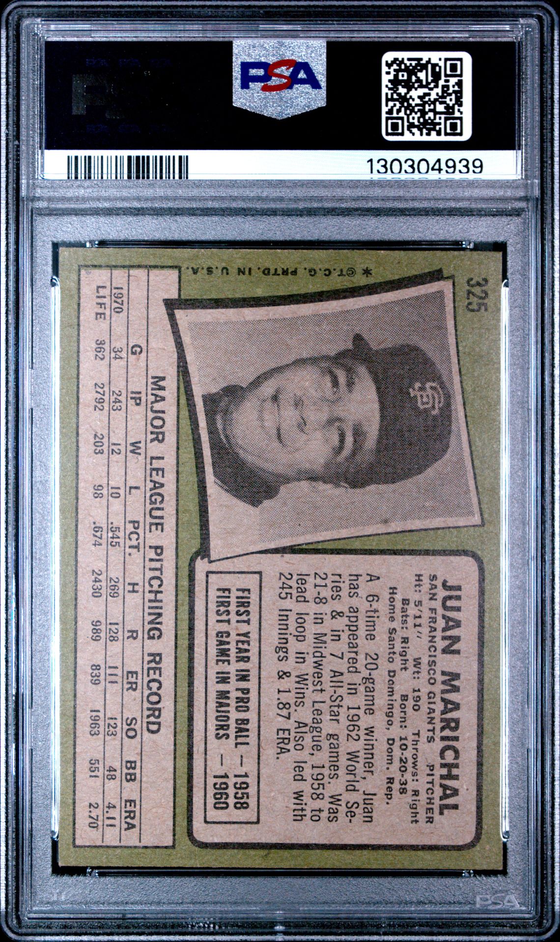 1971 Topps Juan Marichal #325 Vg 3 back