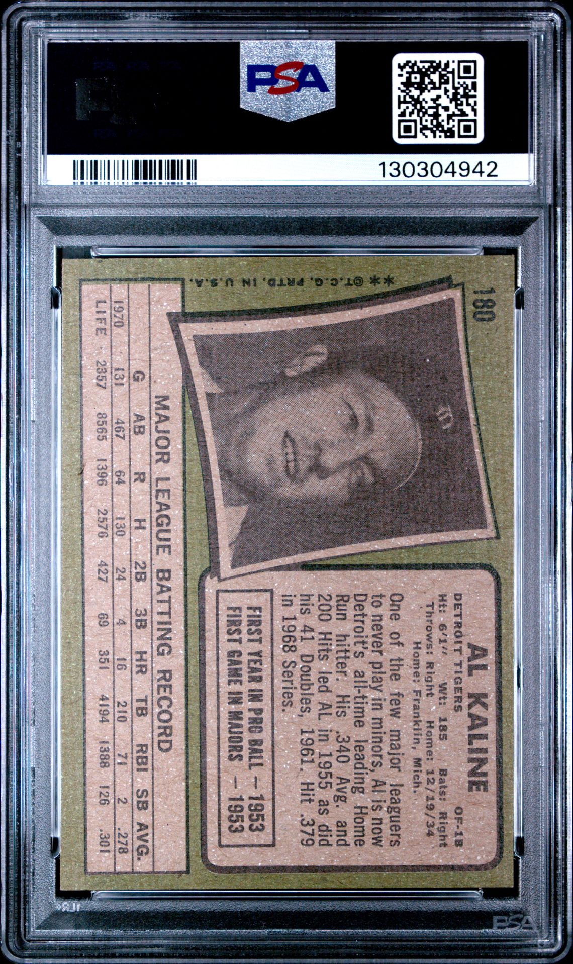 1971 Topps Al Kaline #180 Vg-Ex 4 back