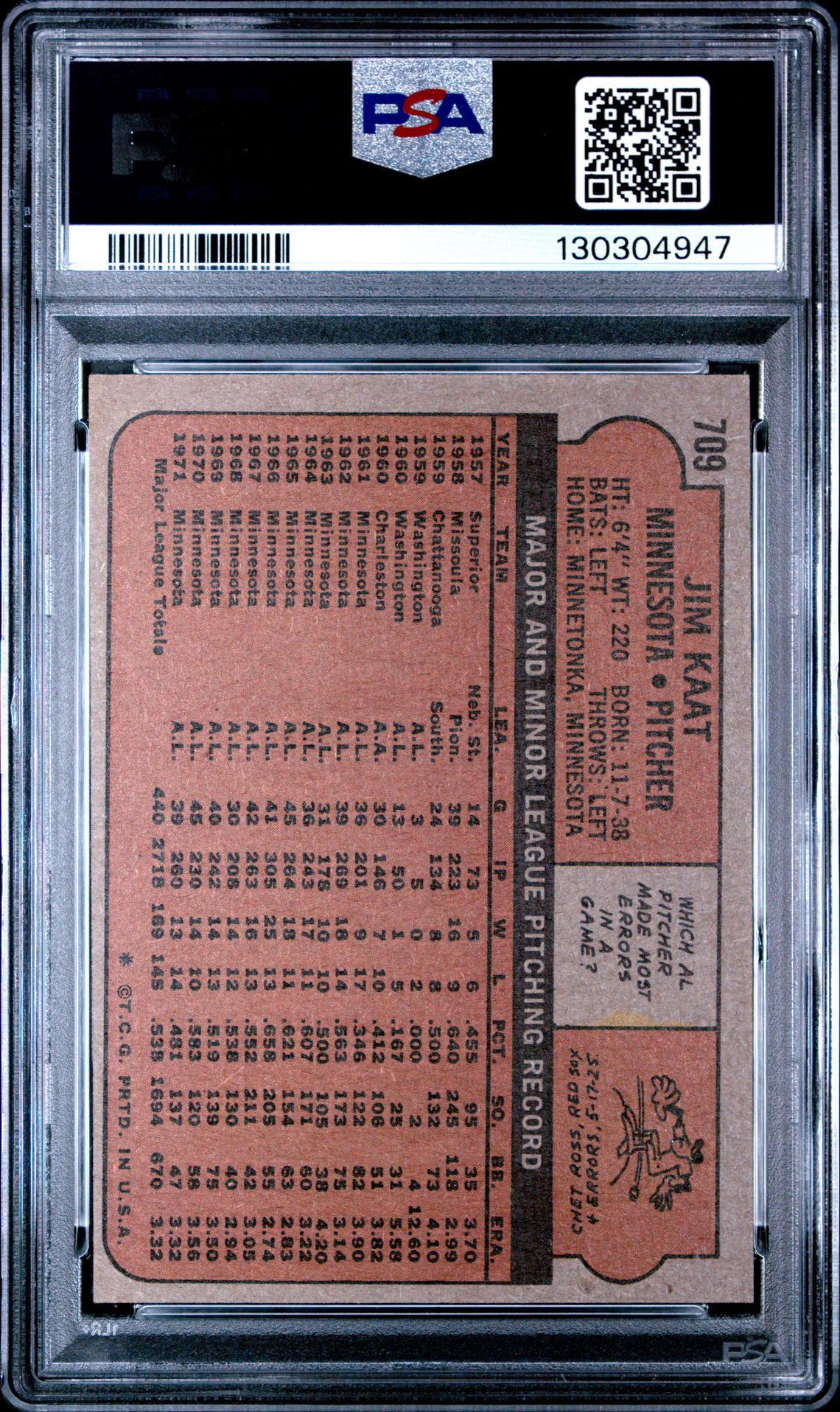 1972 Topps Jim Kaat #709 Vg-Ex 4 back