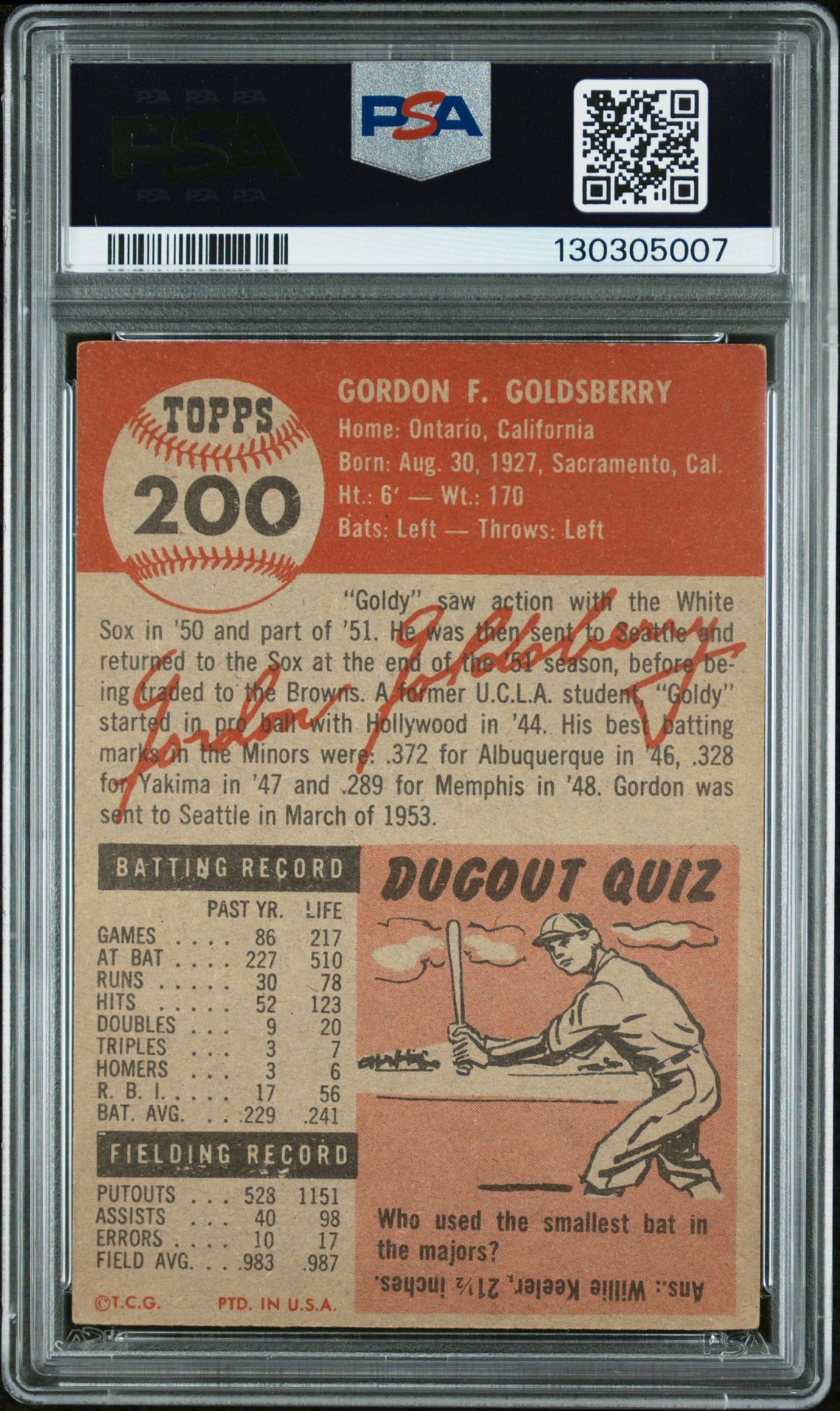 1953 Topps Gordon Goldsberry #200 Vg-Ex 4 back