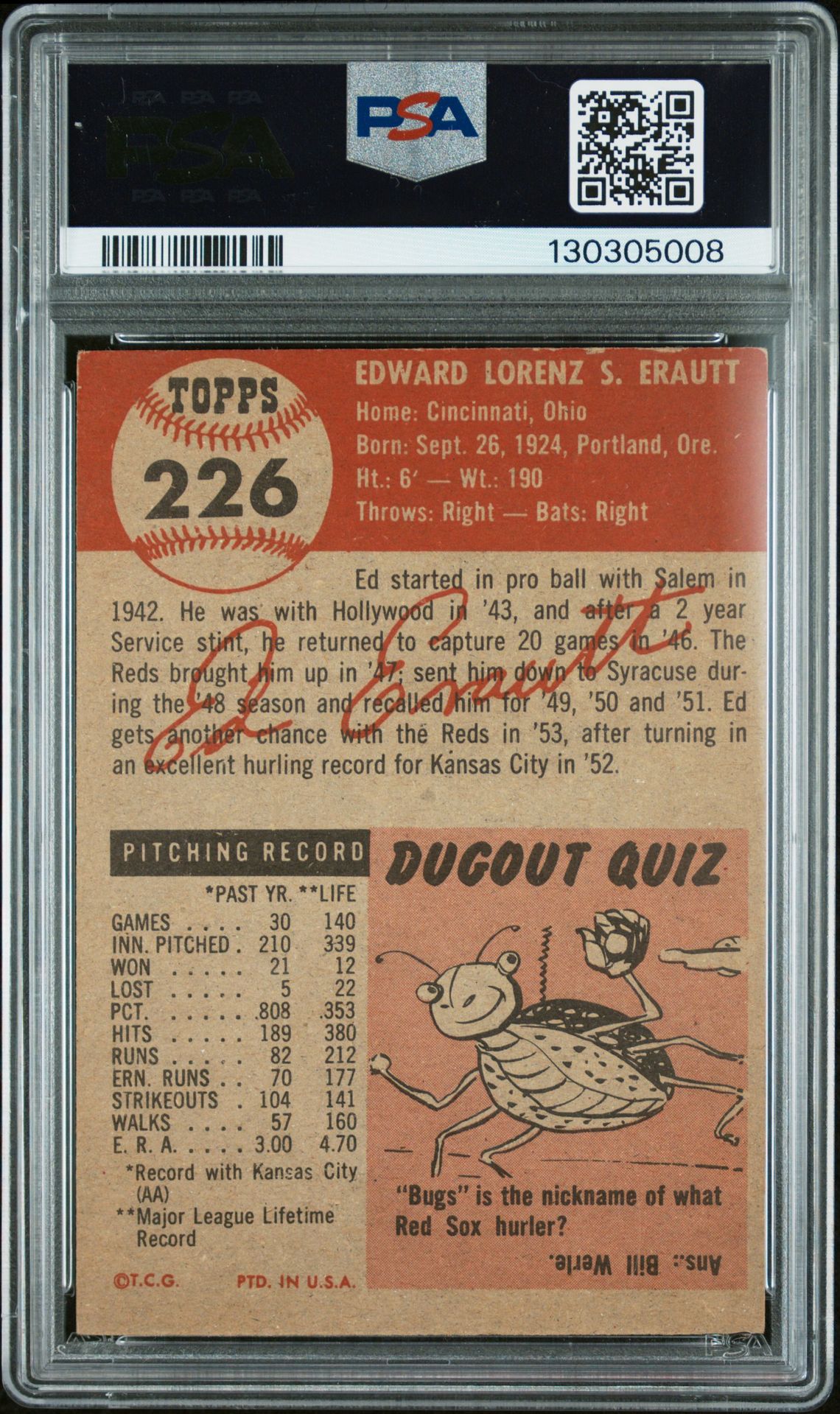 1953 Topps Ed Erautt #226 Vg-Ex 4 back