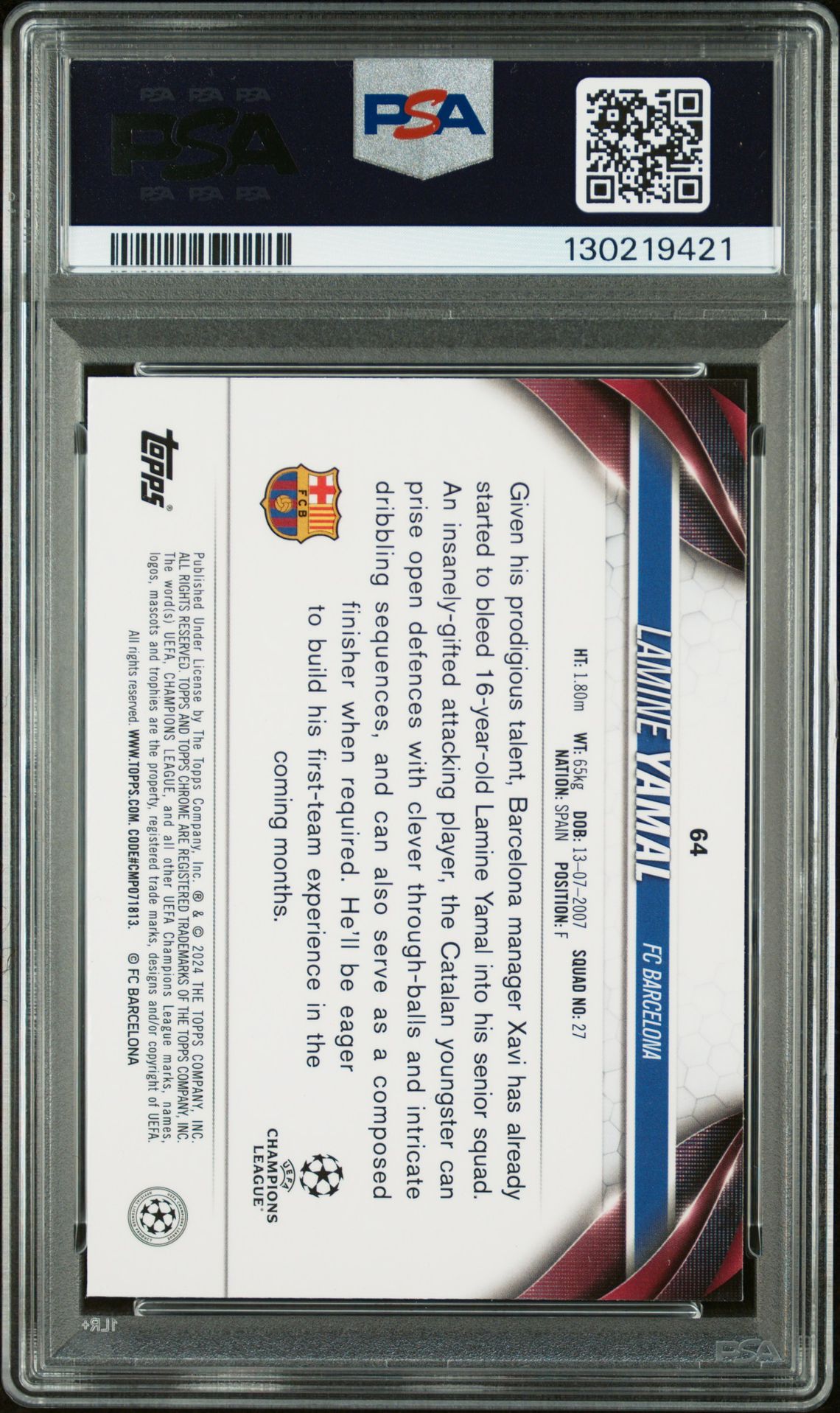 2023-24 Topps Chrome Uefa Club Competitions Lamine Yamal #64 (Pink Geometric Refractor) Gem Mt 10 back view - PSA certificate #130219421