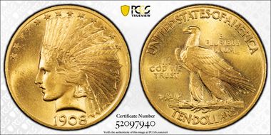 1908 $10 Motto MS65+ 