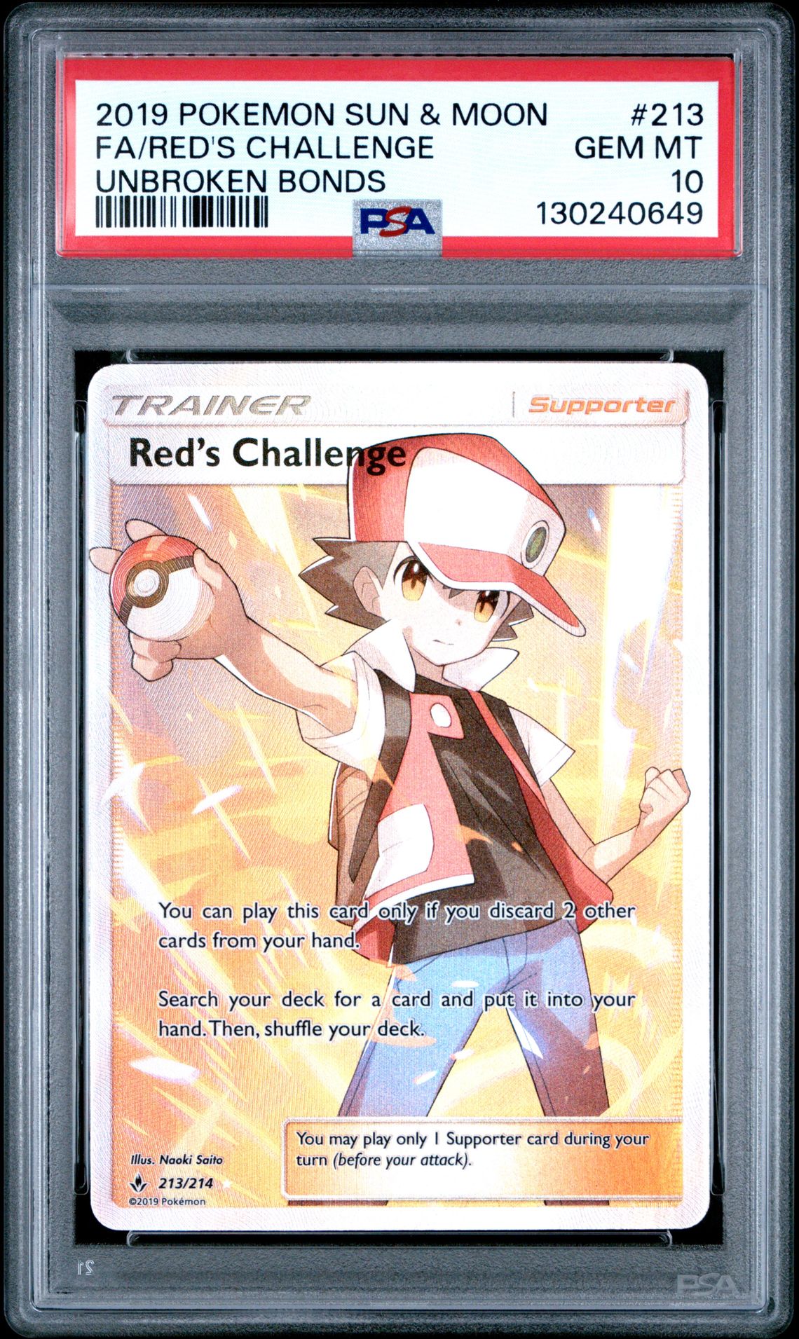 2019 Pokemon POKEMON SUN & MOON UNBROKEN BONDS #213 FA/Red's Challenge front