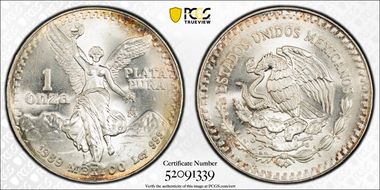 1989-Mo Onza Libertad Ag w/o Dot before 999 MS67