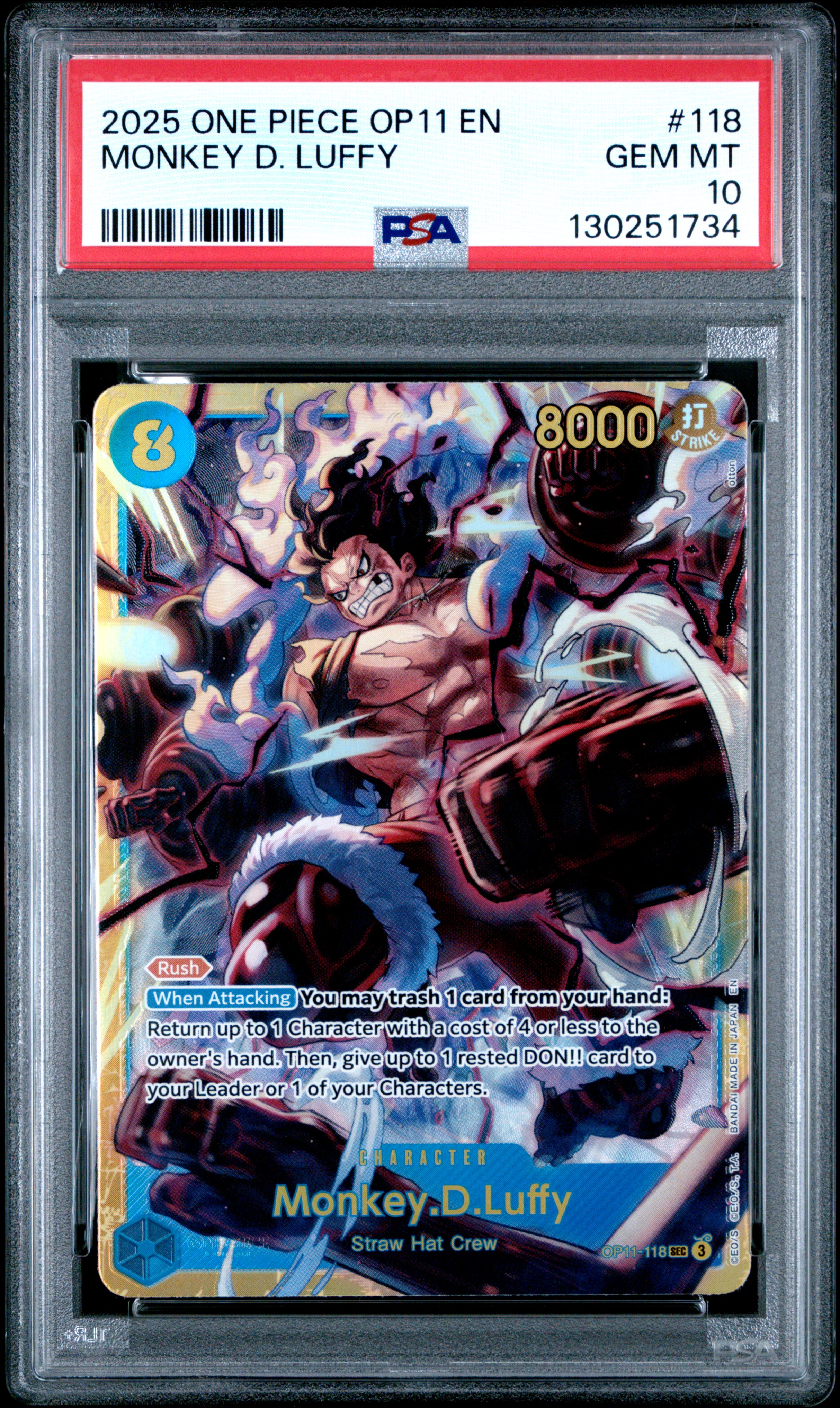 2025 #118 Monkey D. Luffy PSA 10 One Piece OP11-A Fist of Divine Speed